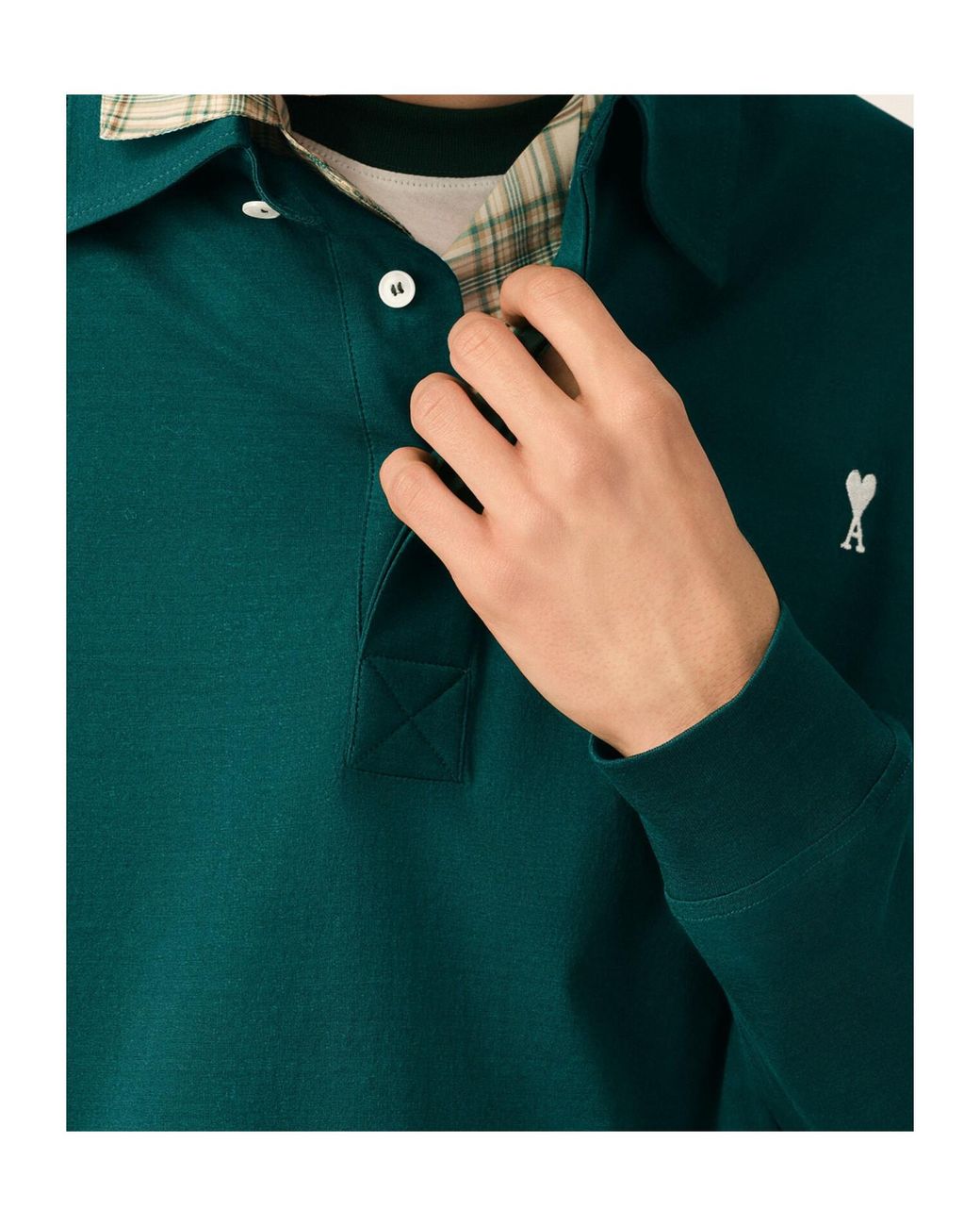 AMI Green Ami Logo Embroidered Long Sleeved Polo Shirt for men
