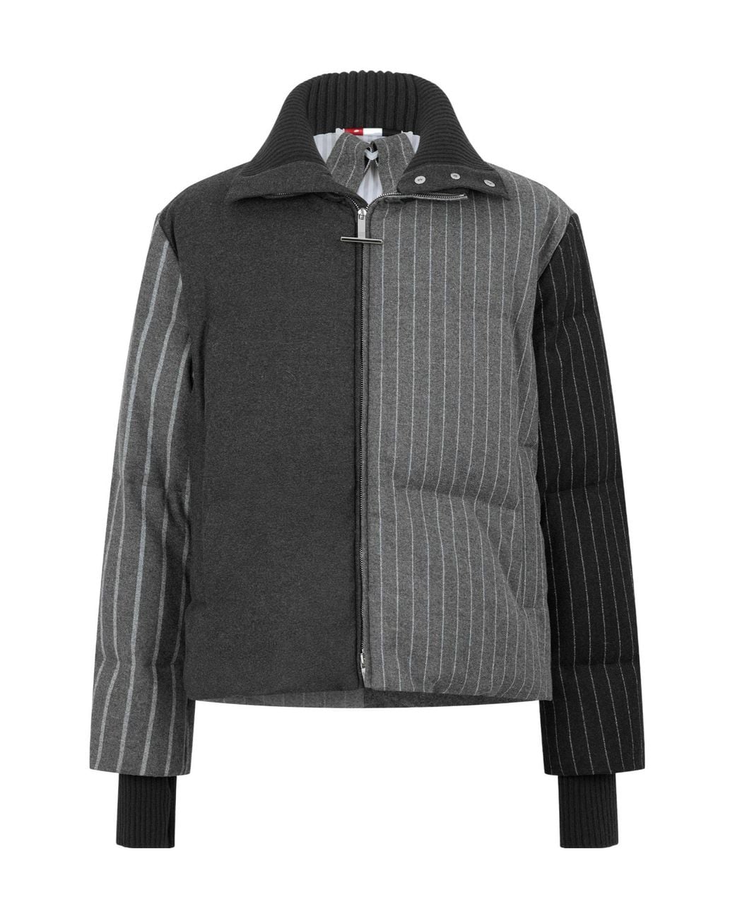 Thom Browne Gray Pinstripe Color-Block Puffer Jacket for men