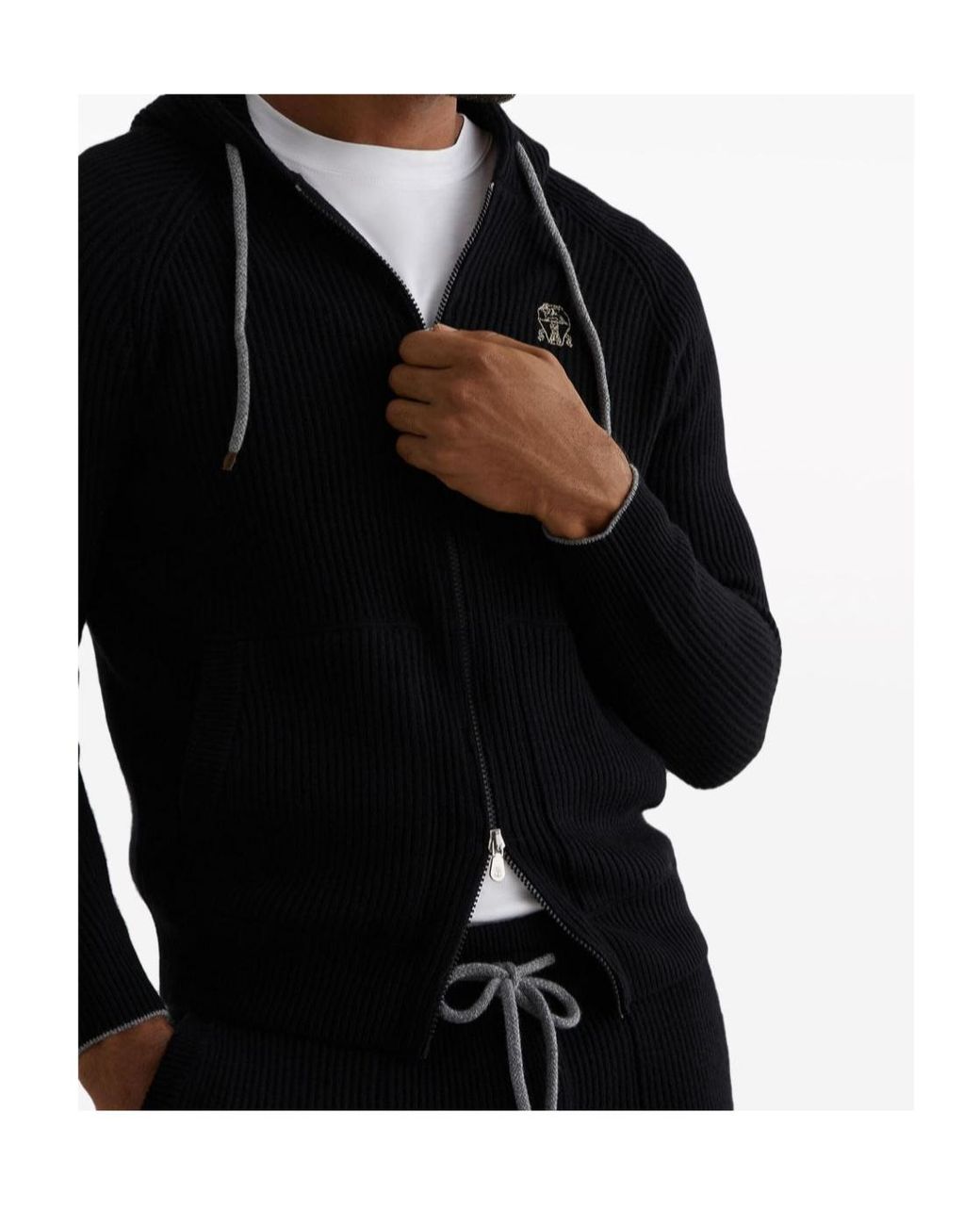 Brunello Cucinelli Blue Logo Embroidered Zipped English Rib Knit Hooded Sweatshirt for men