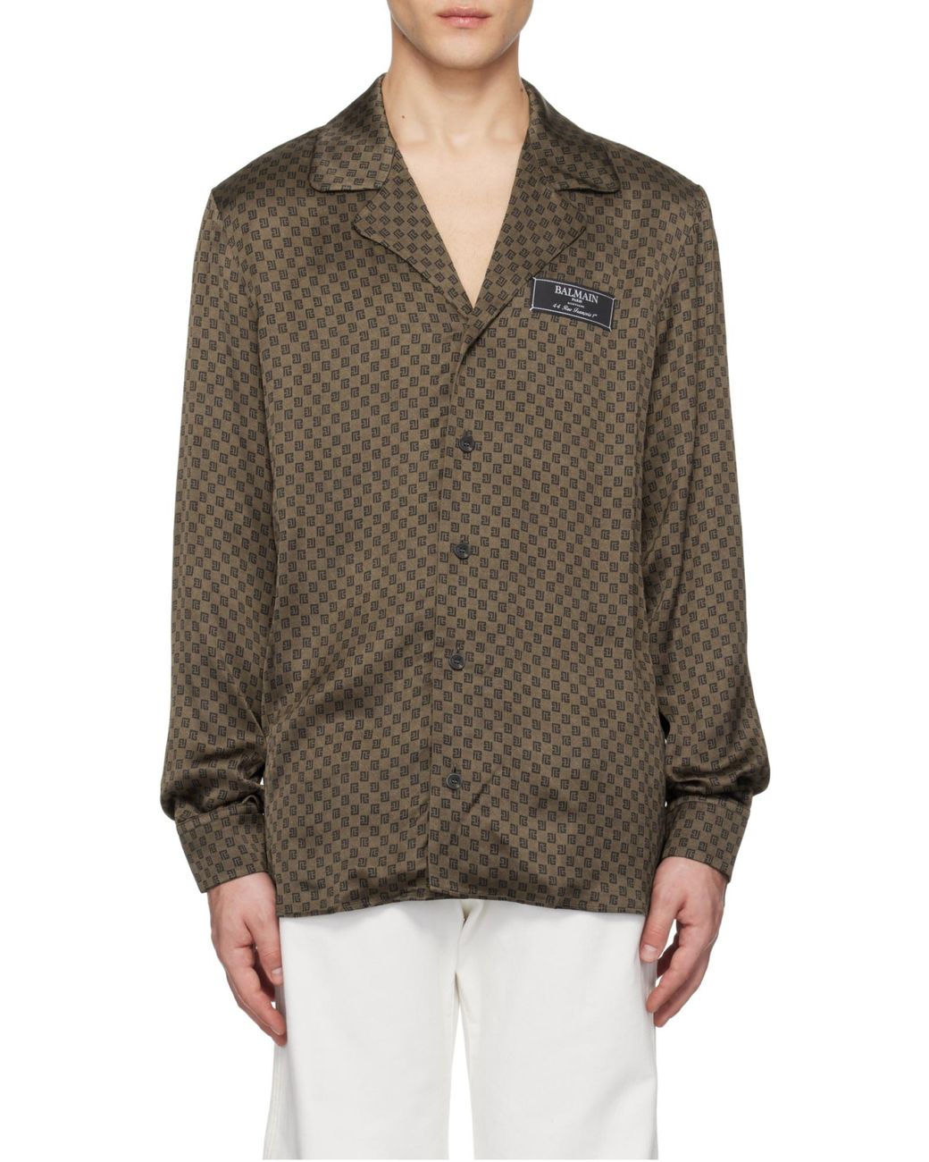 Balmain Brown Monogram-Print Satin Shirt for men