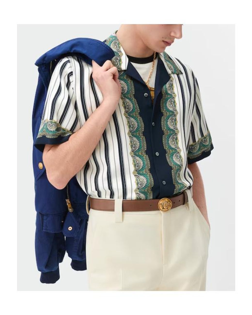 Versace Blue Pattern-Printed Crêpe De Chine Short-Sleeved Shirt for men
