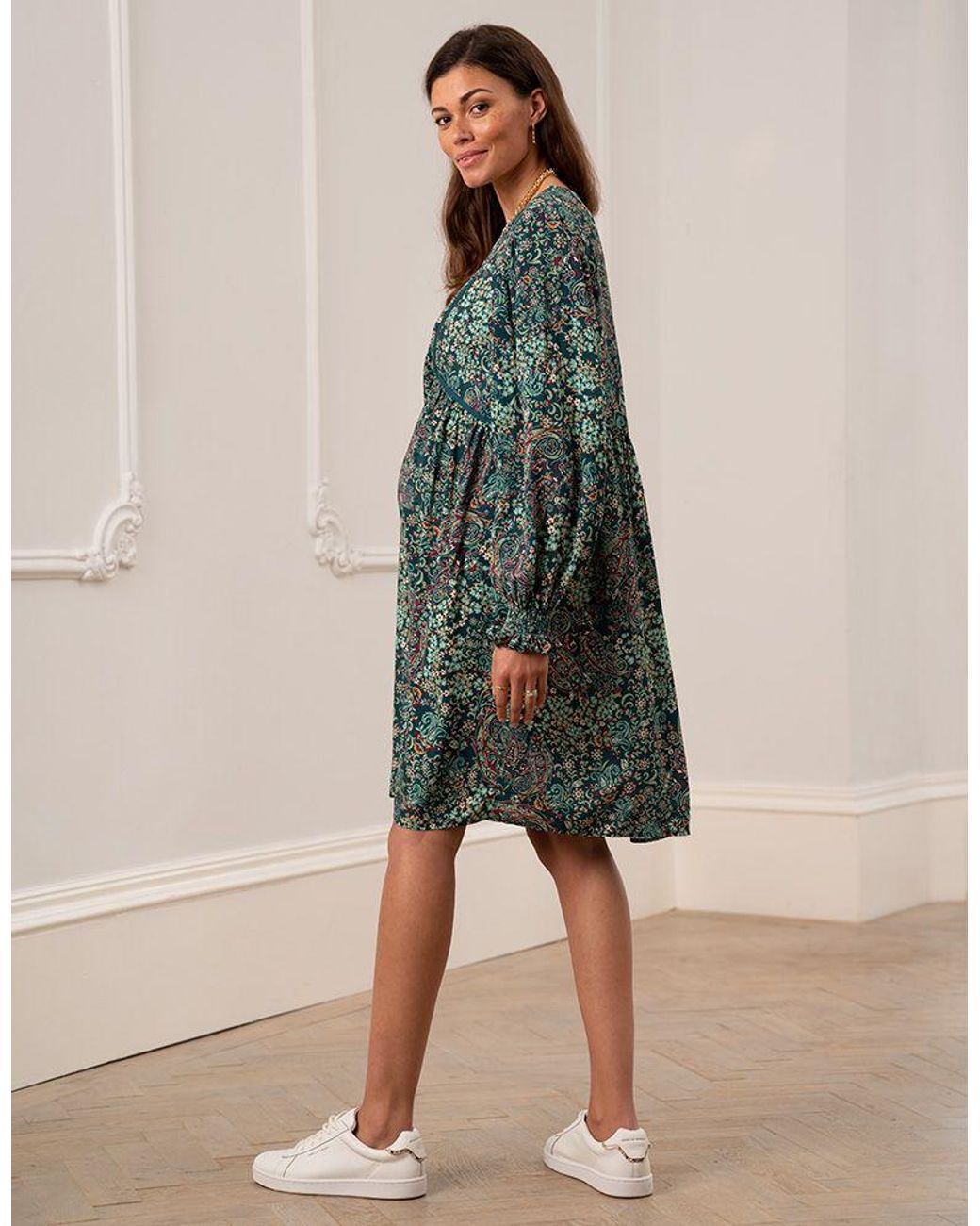 Seraphine Boho Paisley Maternity Nursing Smock Dress in Gray Lyst
