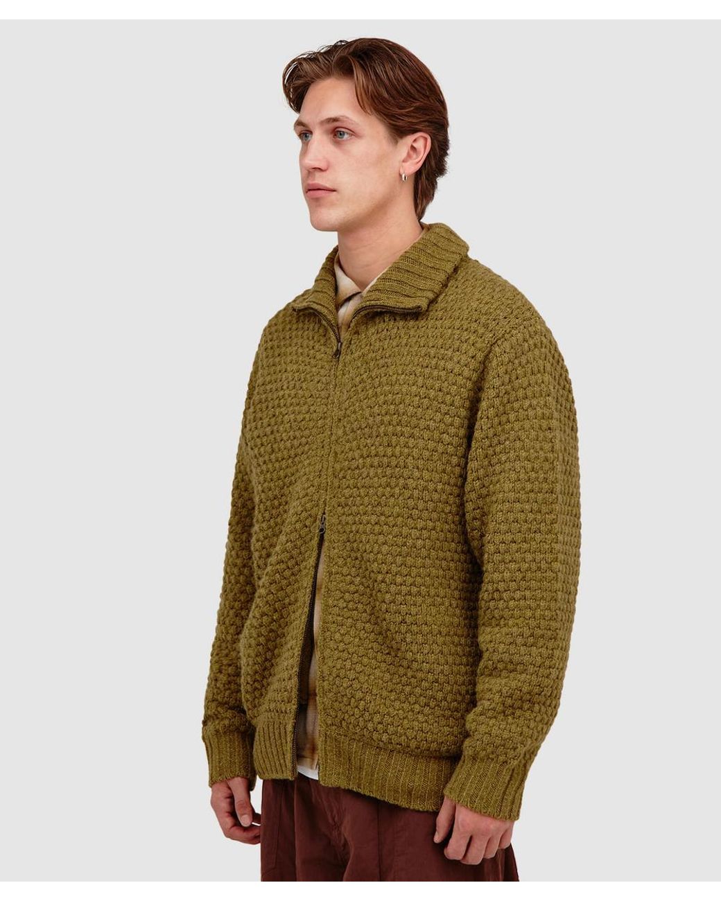 Beams Plus Green Popcorn Pattern Cardigan for men