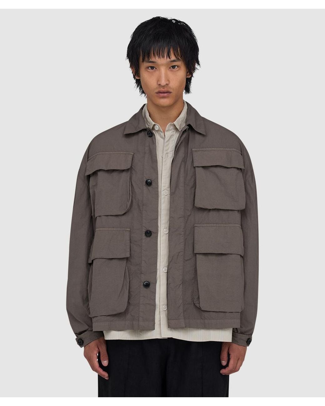 MKI Miyuki-Zoku Brown Garment Dyed Box Overshirt (Deep Khaki for men