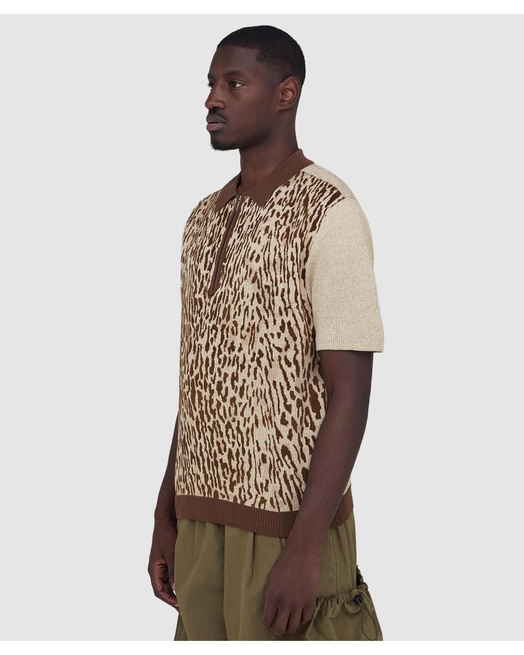 Beams Plus Brown Half Zip Knit Polo Shirt (Giraffe for men