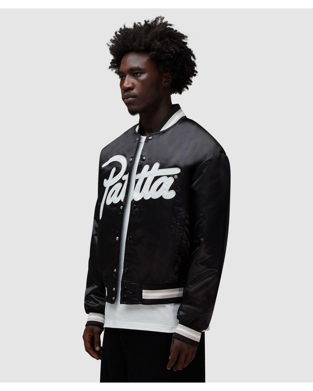 PATTA Script Logo Satin Varsity Jacket in Black for Men | Lyst UK