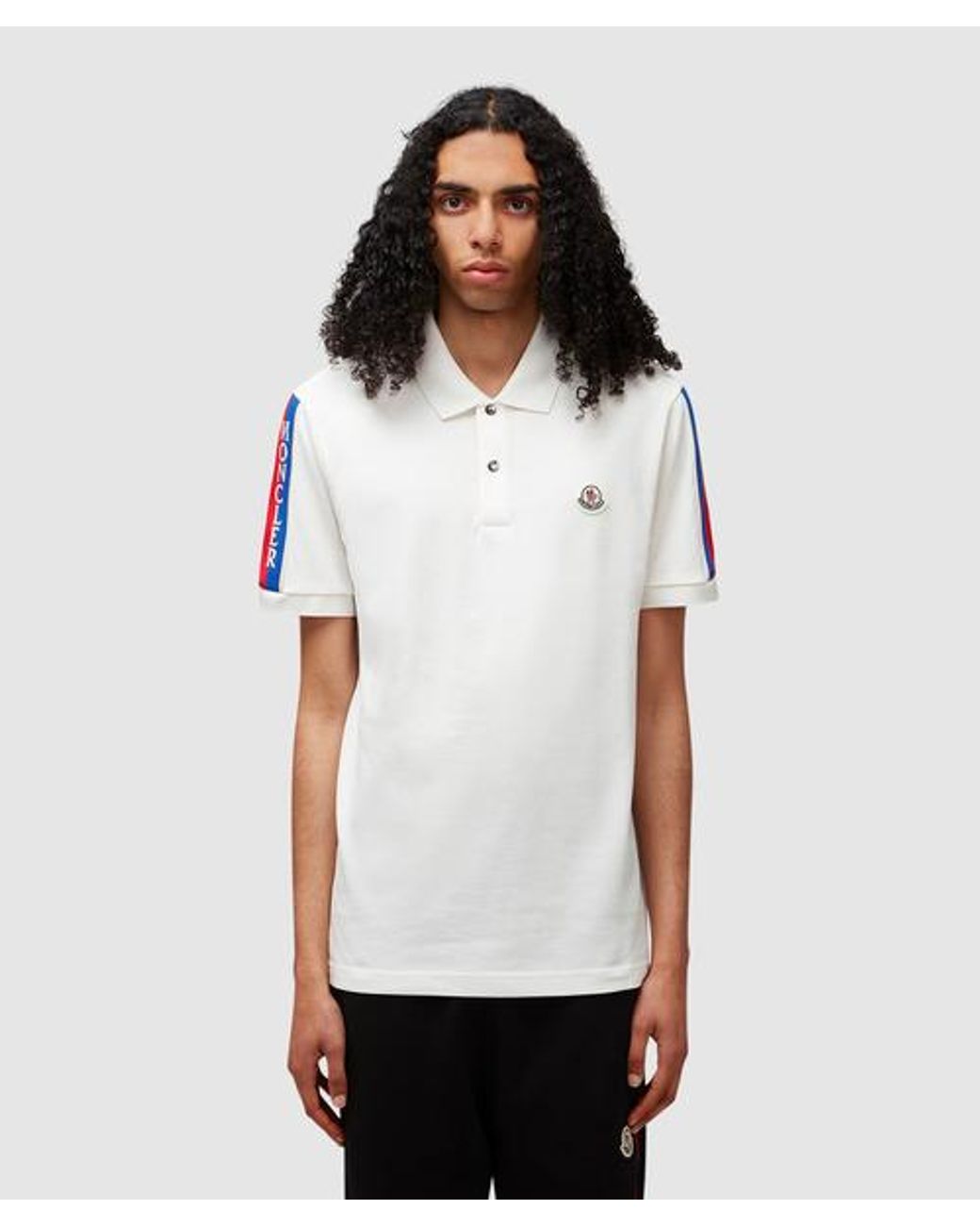 Moncler Side Stripe Logo Polo Shirt in White for Men | Lyst