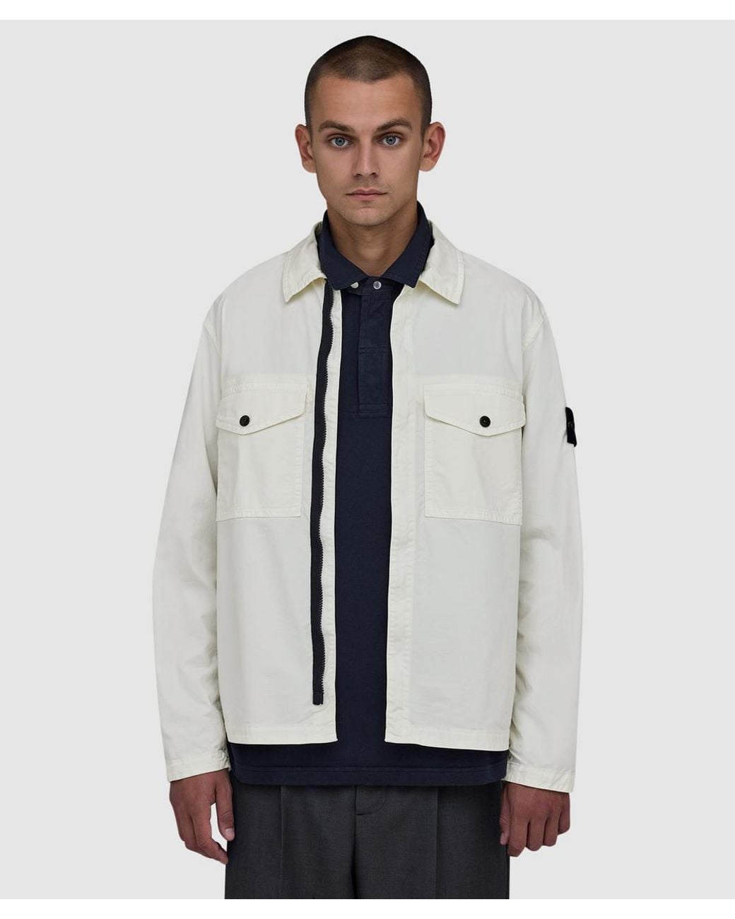 Stone Island White Stretch Organic Cotton Twill Hooded Overshirt for men