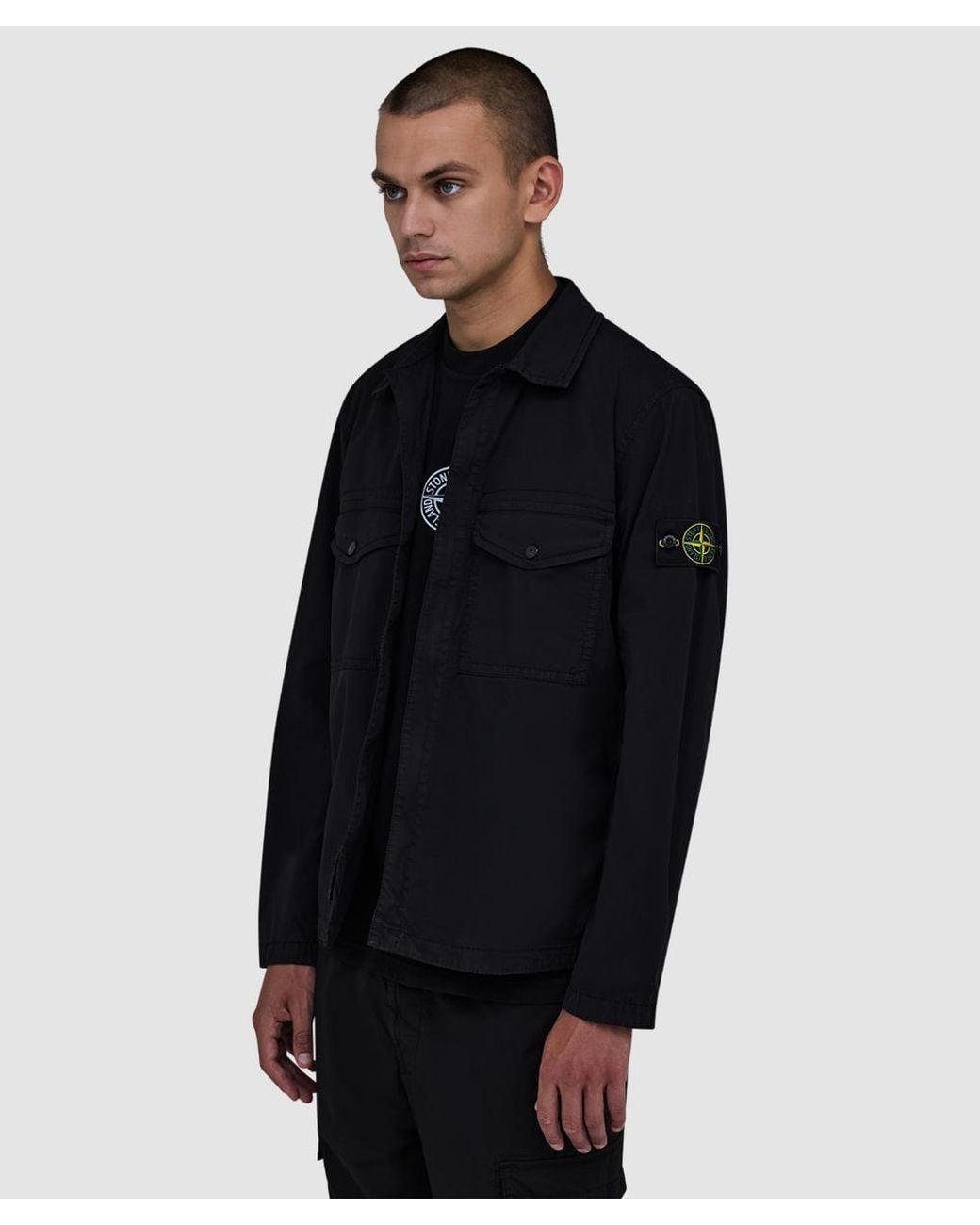Stone Island Blue Stretch Organic Cotton Twill Hooded Overshirt for men