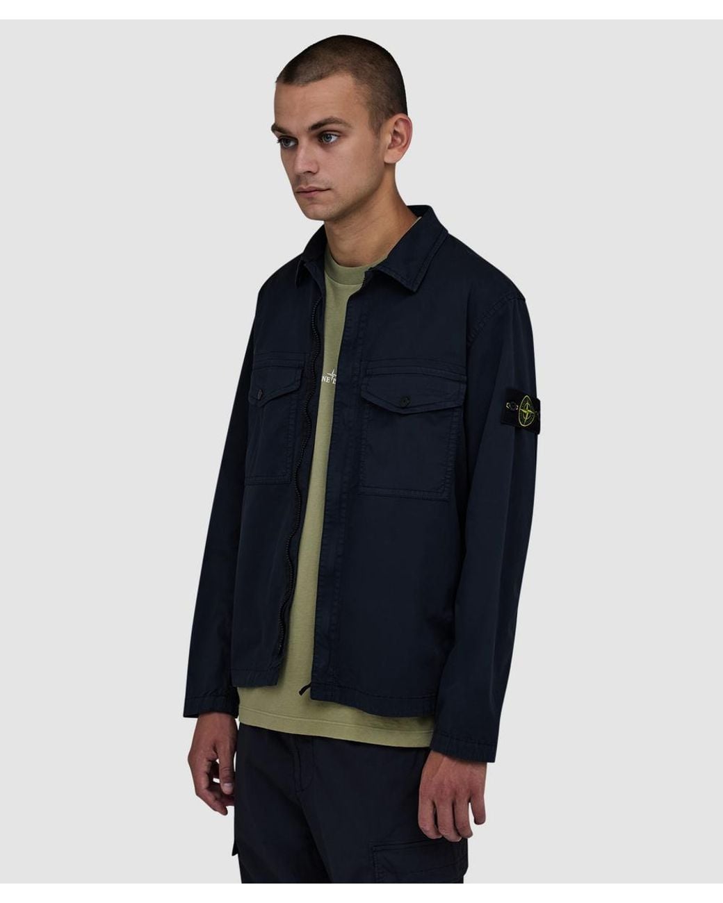 Stone Island Blue Stretch Organic Cotton Twill Hooded Overshirt for men