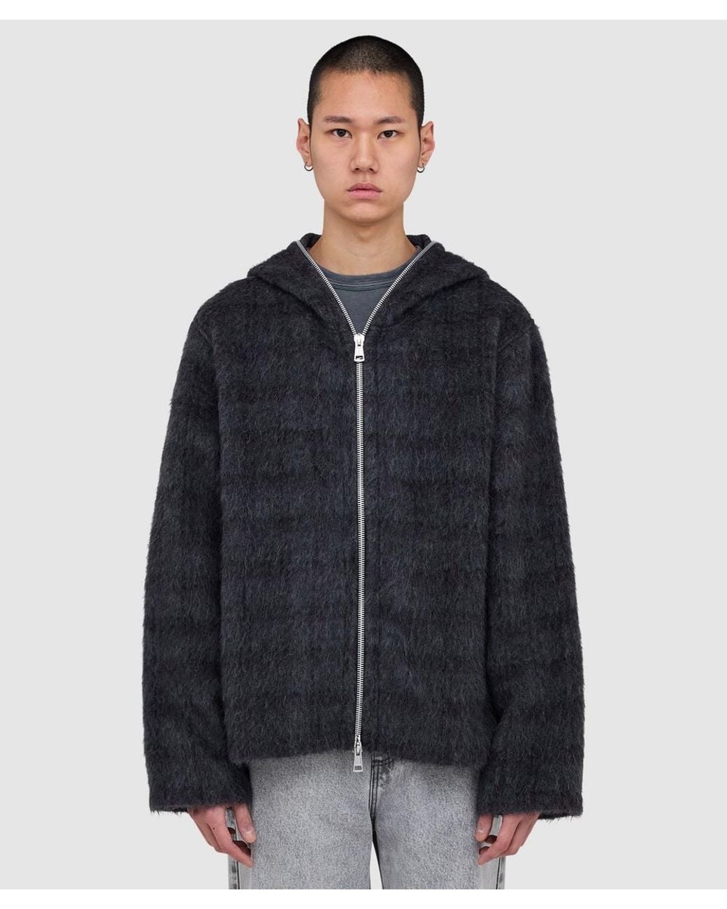 Our Legacy Blue Hairy Wool Zip Hoodie (Fuzzed Plum Check Hairy Wool for men