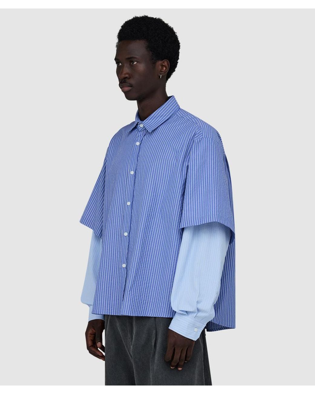 Estudio Niksen Blue Button Up Layered Shirt Stripes for men