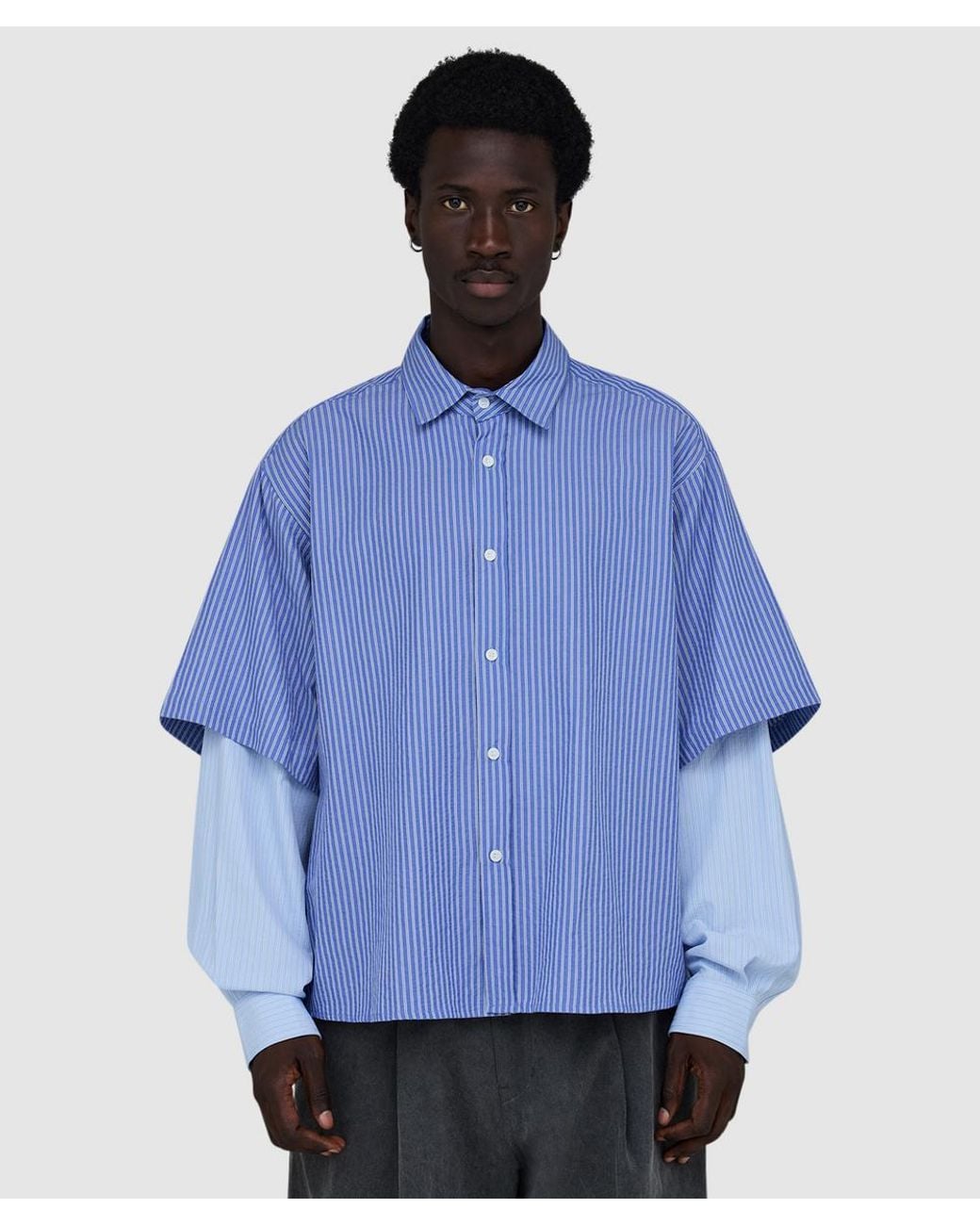 Estudio Niksen Blue Button Up Layered Shirt Stripes for men