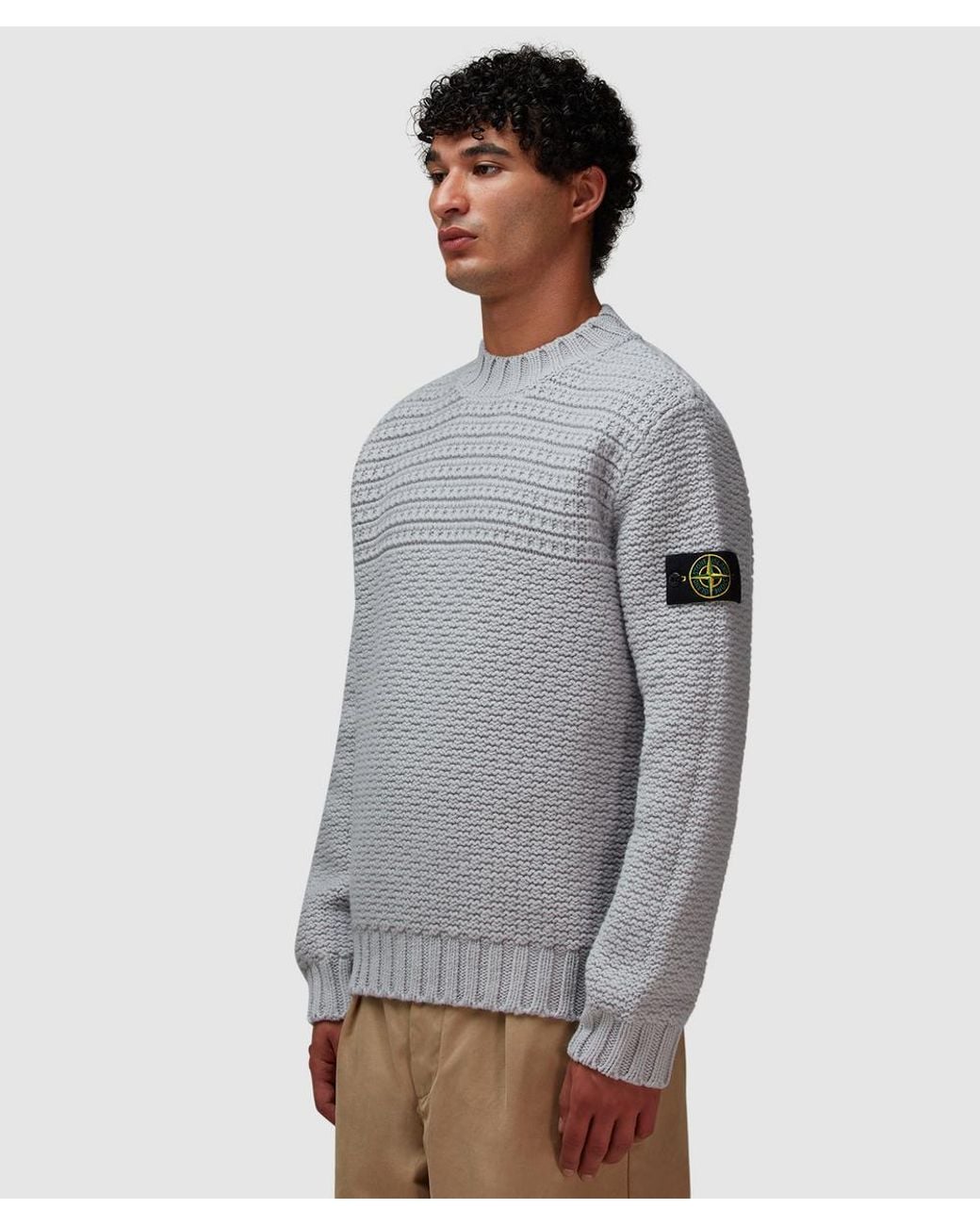 Stone Island Gray Pure Wool Stitch Knit Sweater (Pearl for men