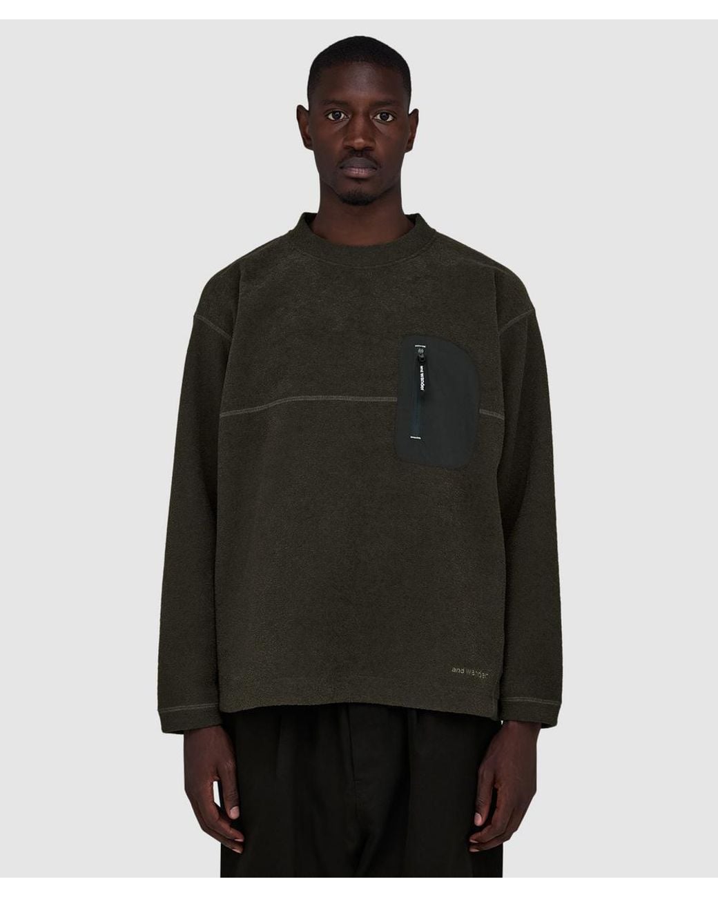 And Wander Black Pe Warm Pile Crewneck Sweater (Charcoal for men