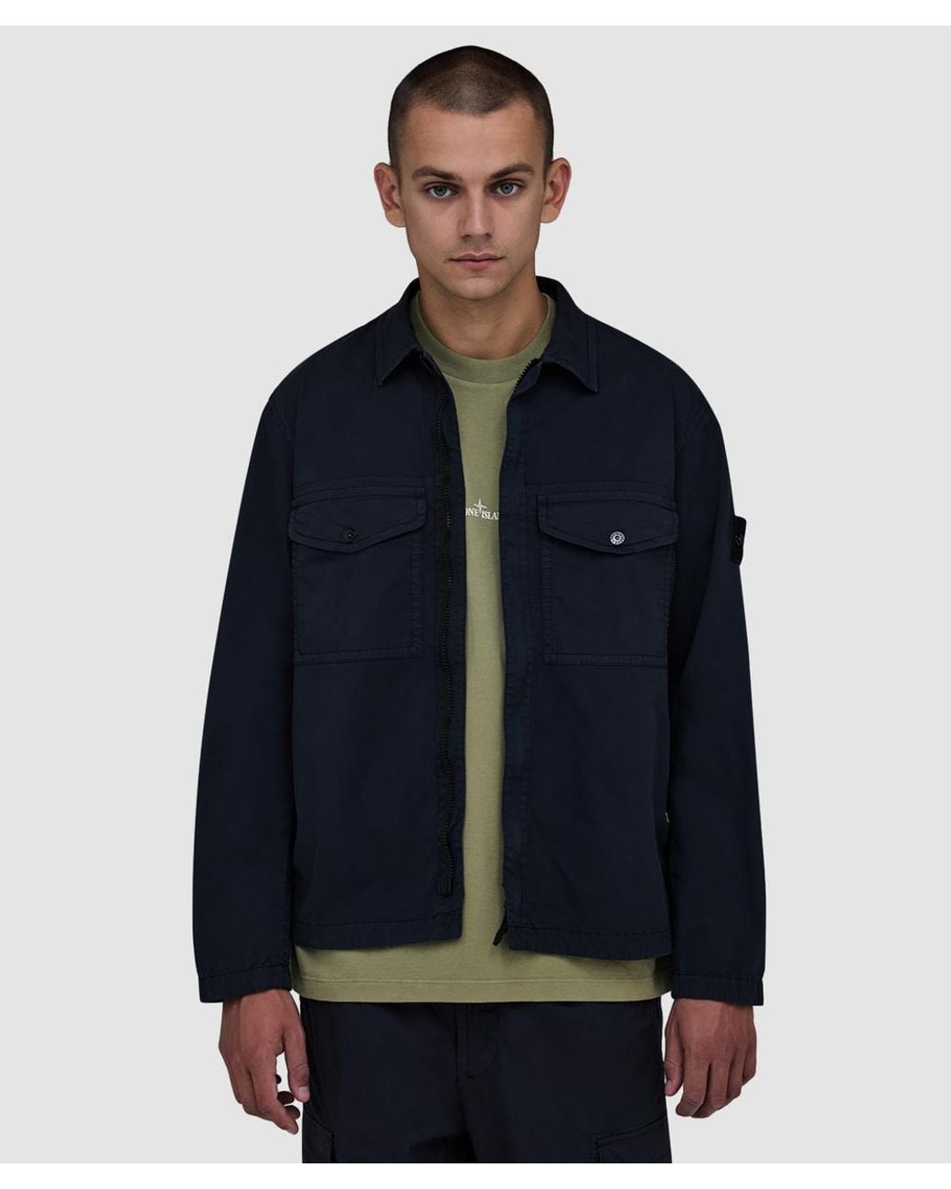 Stone Island Blue Stretch Organic Cotton Twill Hooded Overshirt for men