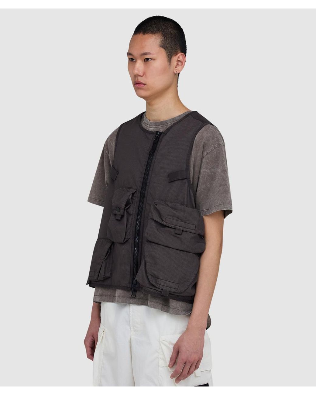 Stone Island Black Cotton Nylon Micro Ripstop Utility Vest (Charcoal for men