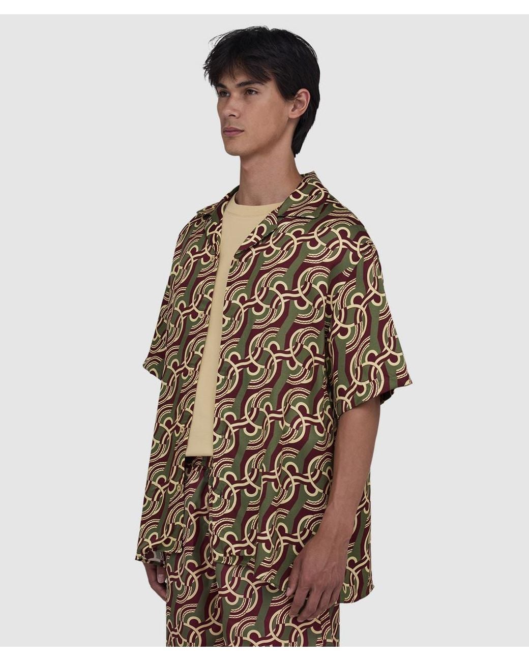 Drole de Monsieur Brown Viscose Chain Link Monogram Shirt (Kaki for men