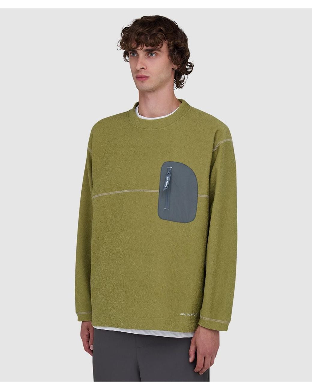 And Wander Green Pe Warm Pile Crewneck Sweater for men