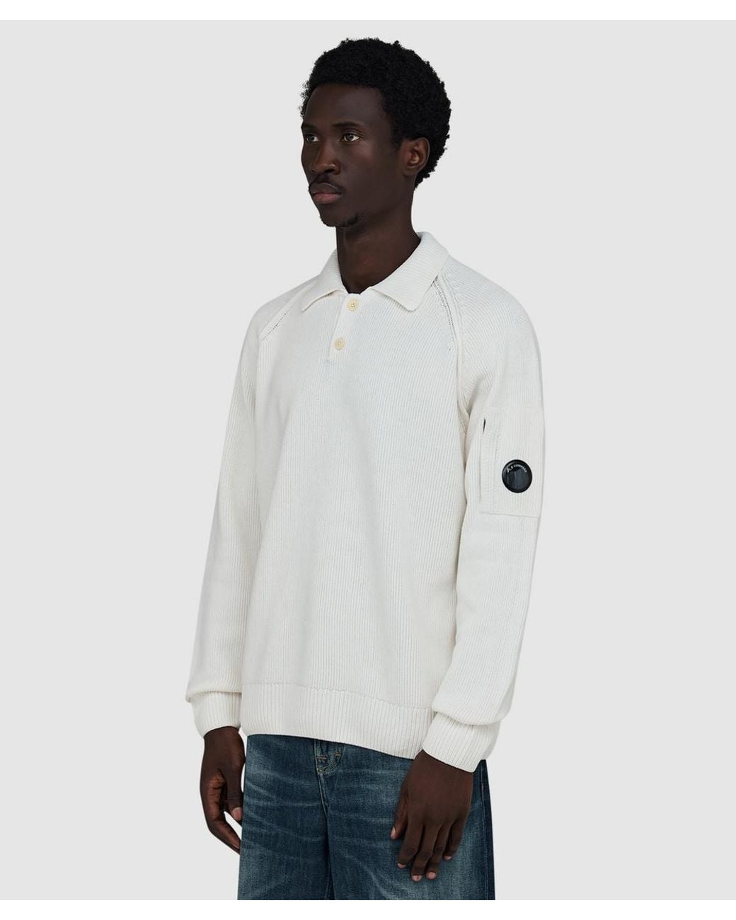 C P Company White Chenille Cotton Polo Shirt (Gauze for men