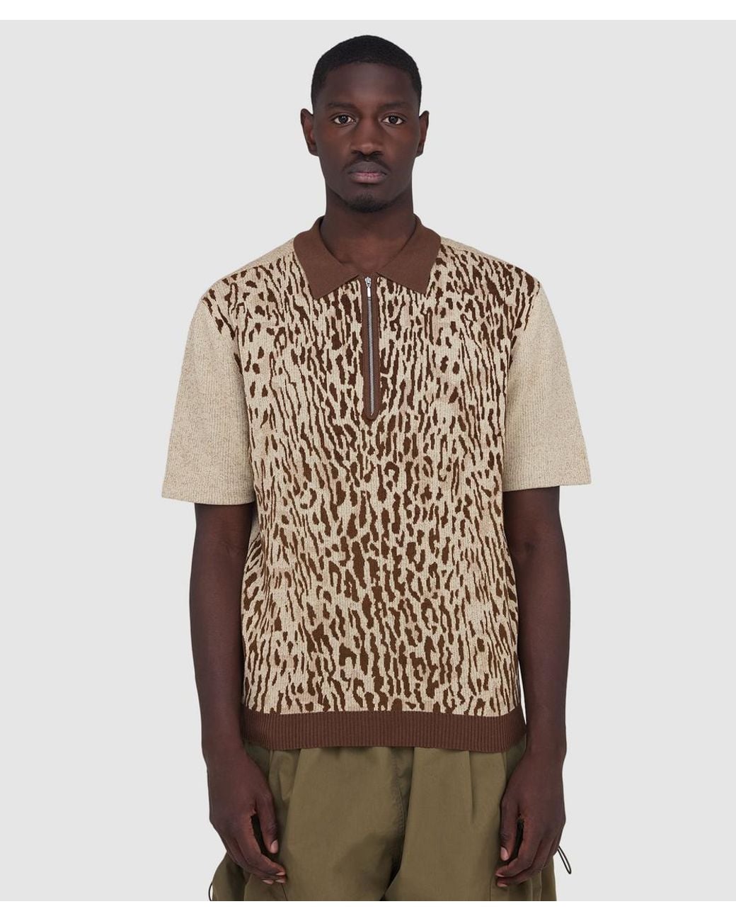 Beams Plus Brown Half Zip Knit Polo Shirt (Giraffe for men
