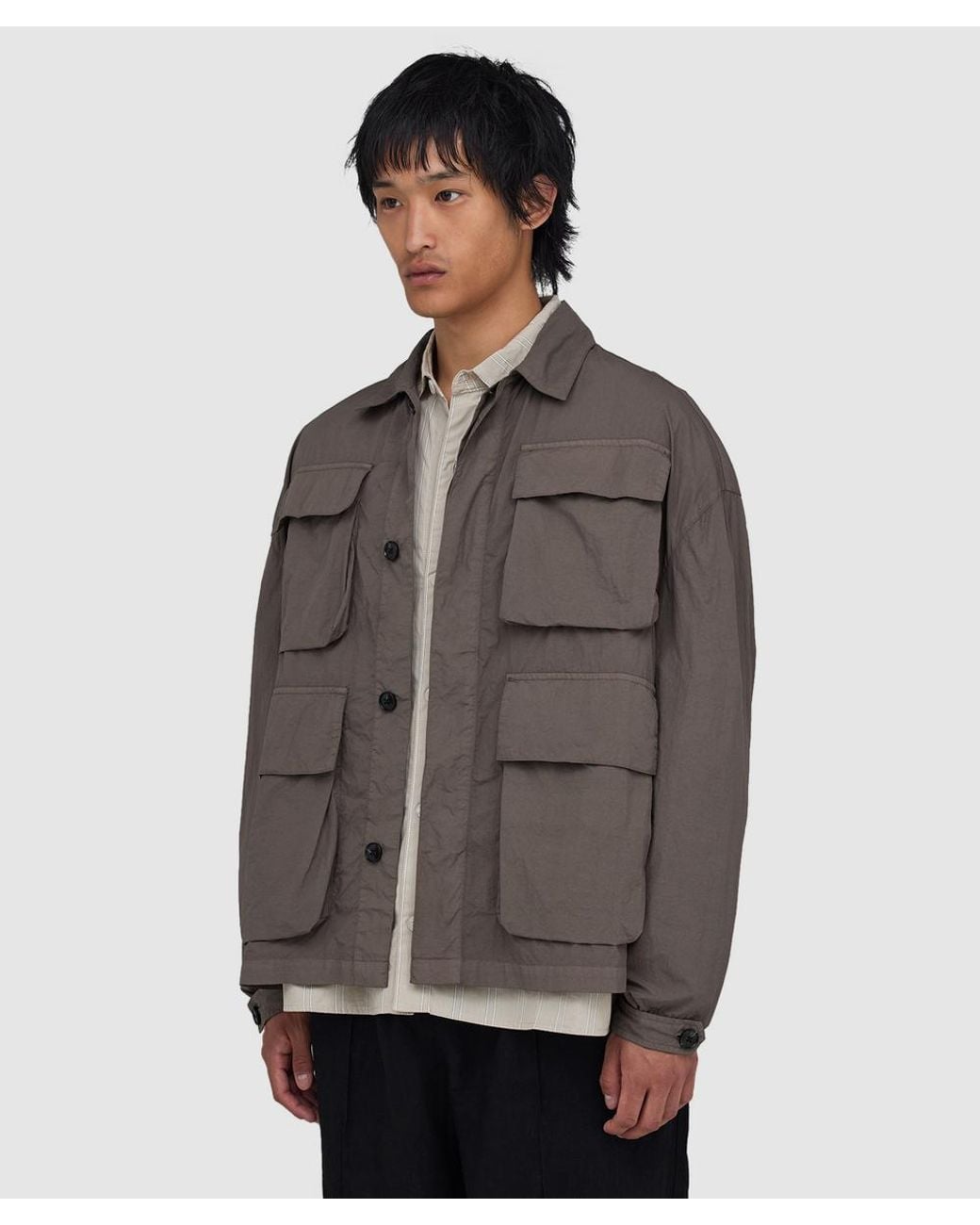 MKI Miyuki-Zoku Brown Garment Dyed Box Overshirt (Deep Khaki for men