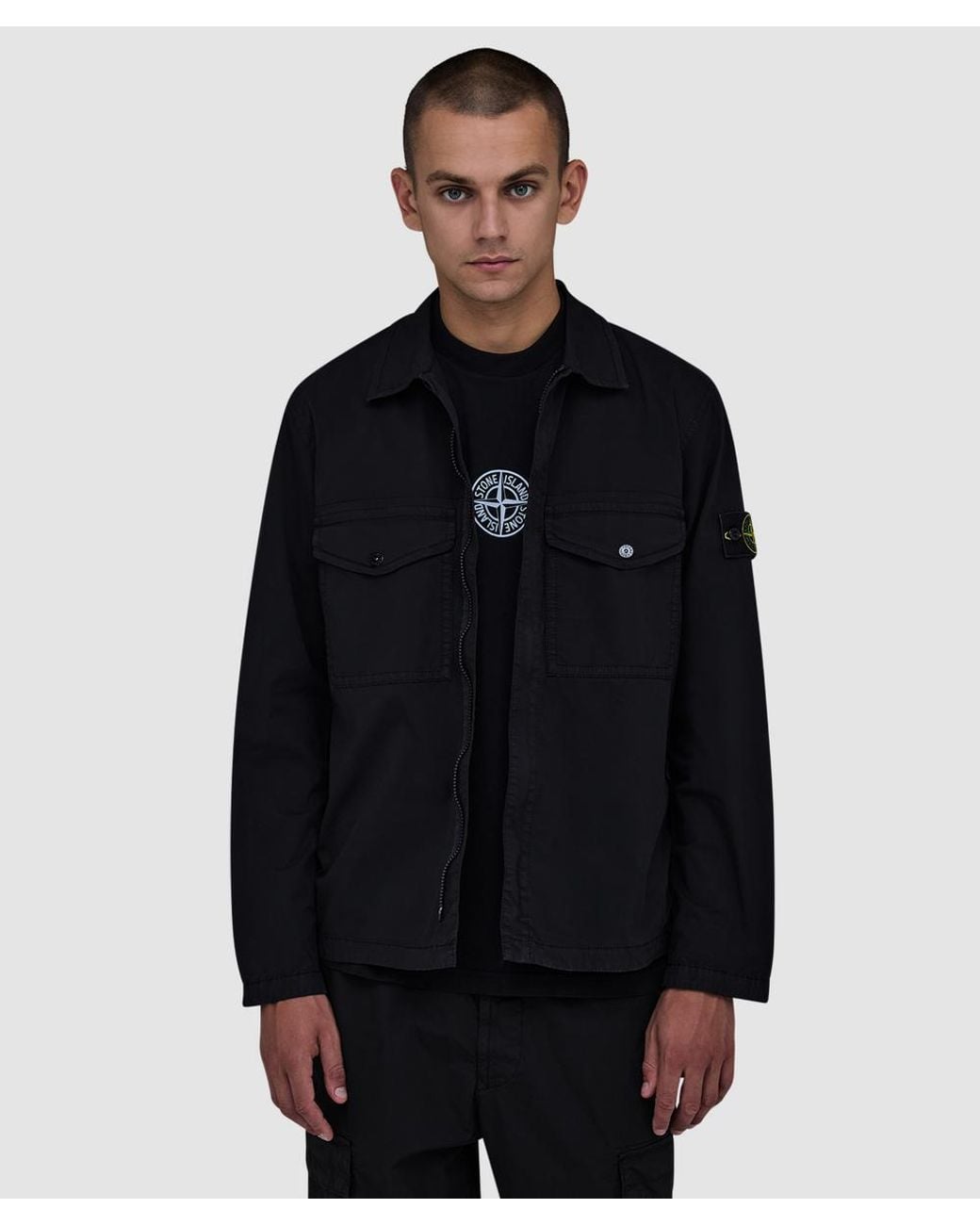 Stone Island Blue Stretch Organic Cotton Twill Hooded Overshirt for men
