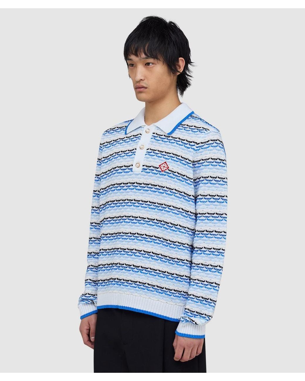 Casablanca Blue Tuck Stitch Long Sleeve Polo Shirt for men