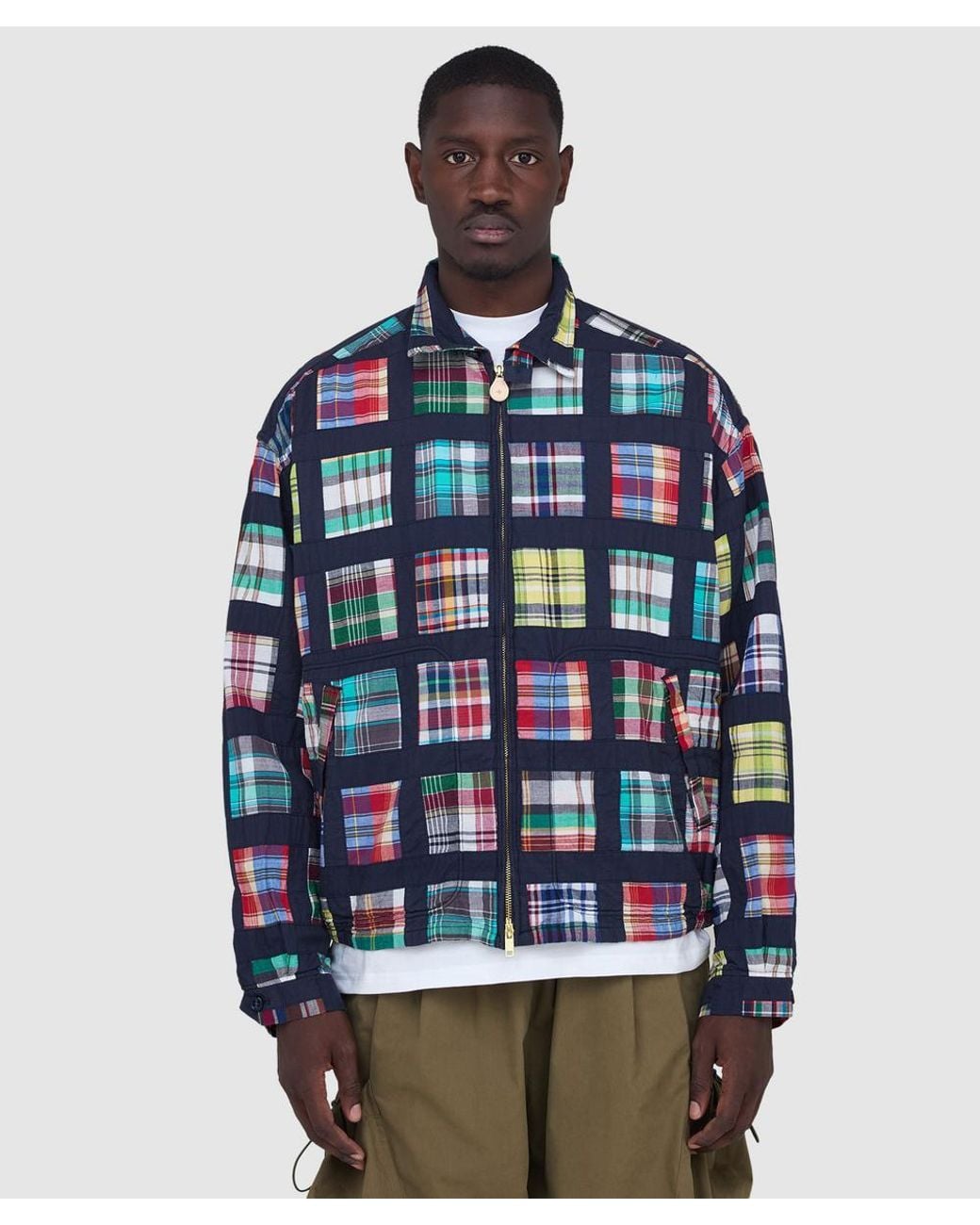 Beams Plus Blue Short Window Patchwork Madras Jacket for men