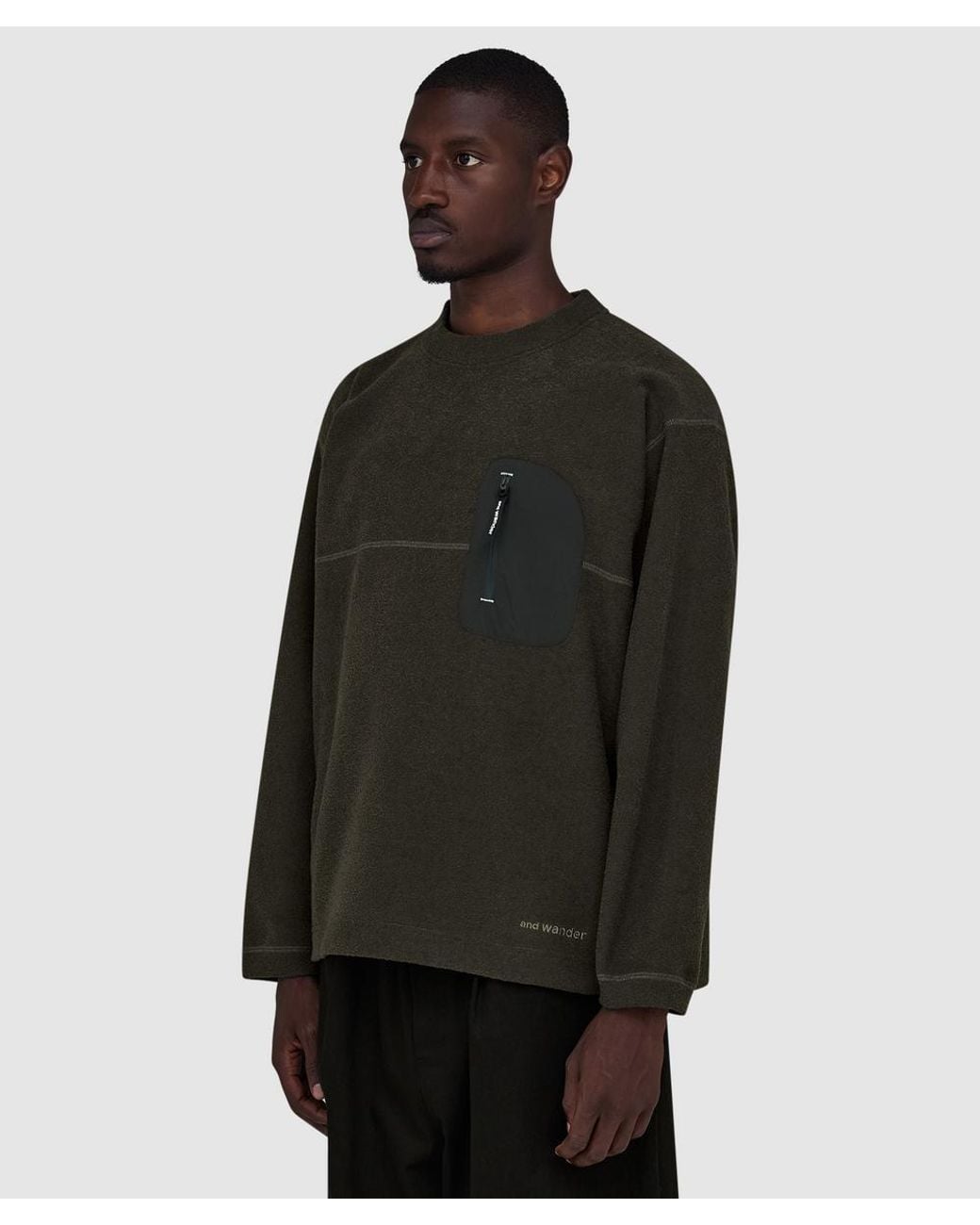 And Wander Black Pe Warm Pile Crewneck Sweater (Charcoal for men
