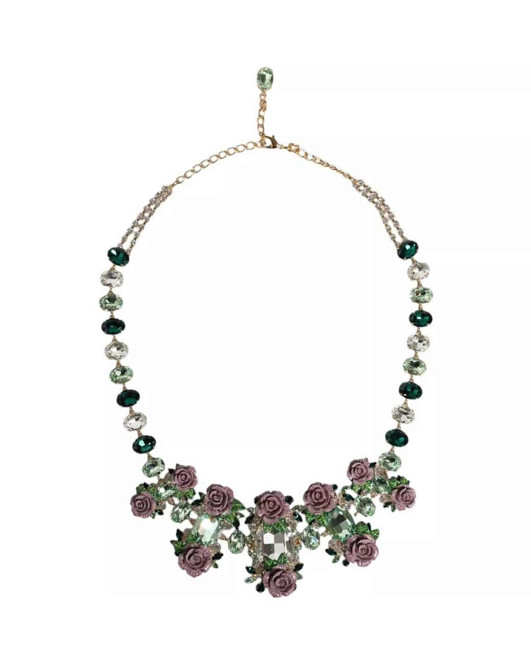 Dolce & Gabbana Green Brass Link Chain Rose Petal Crystal Necklace