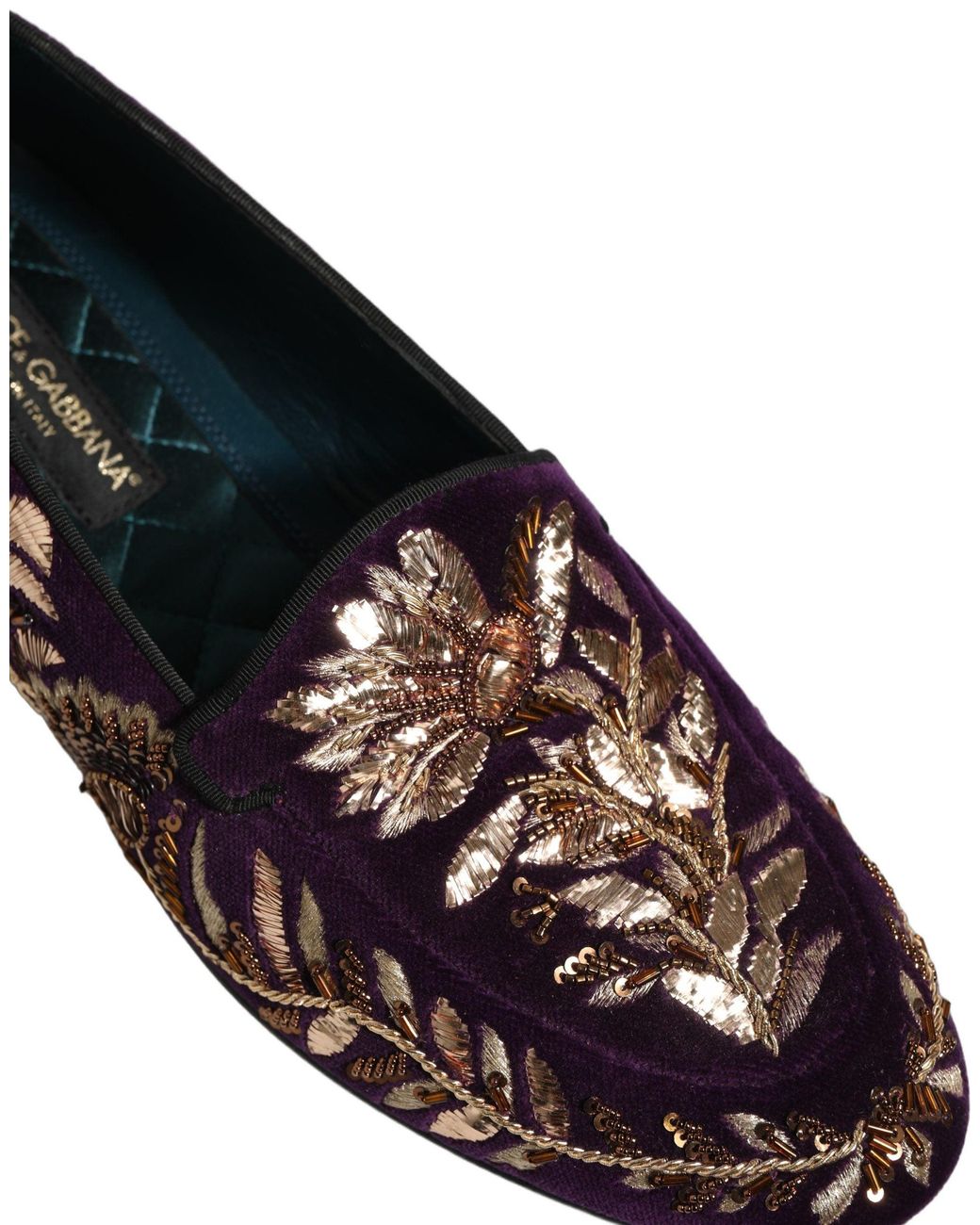 Dolce & Gabbana Multicolor Violet Velvet Floral Embroidery Loafers Shoes for men