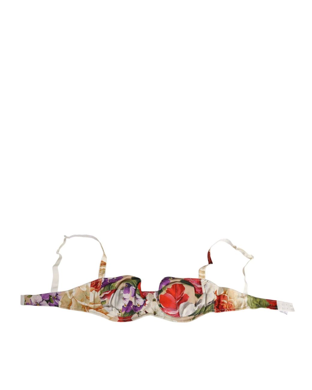 Dolce & Gabbana White Floral Print Semi Padded Balconette Bra Underwear Silk Clothing