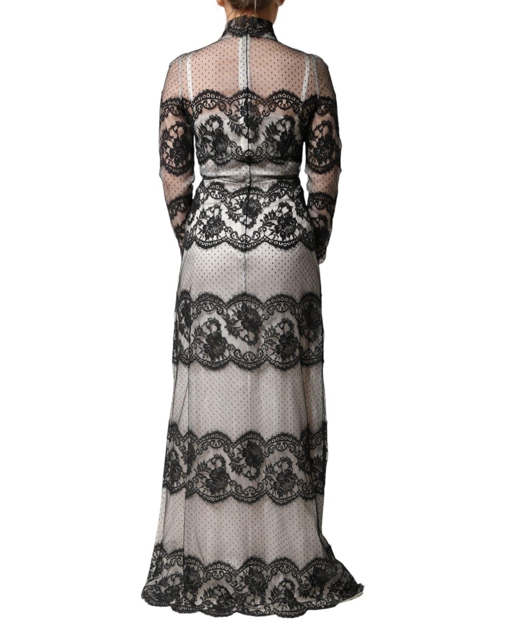 Dolce & Gabbana Black White Lace Silk Blend Maxisheath Dress