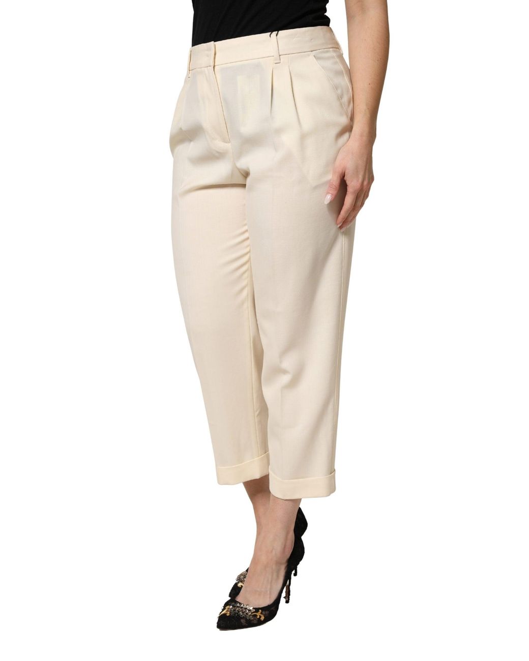 Dolce & Gabbana Natural Ivory Wool Mid Waist Cropped Trouser Pants