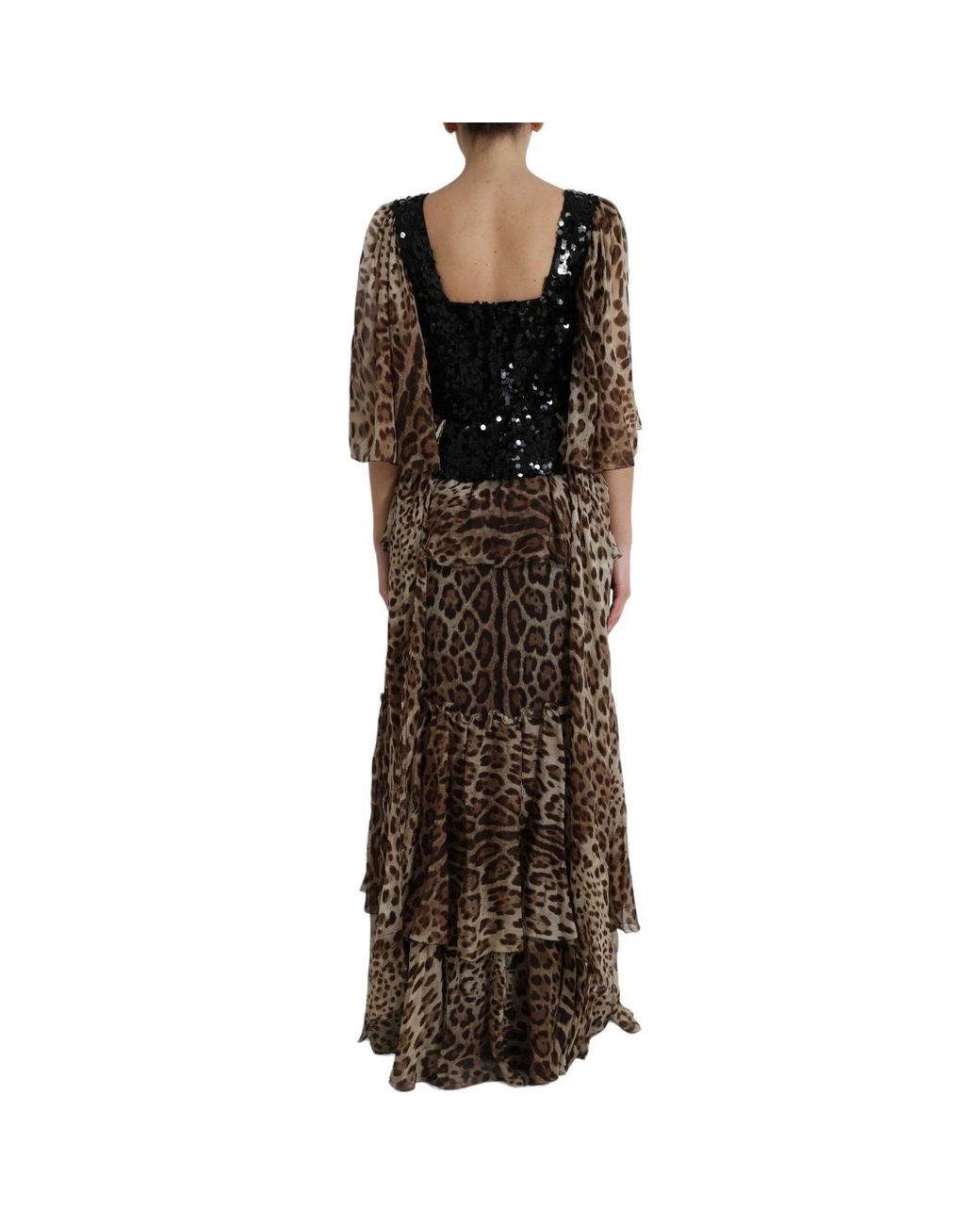 Dolce & Gabbana Black Sequin Leopard Print Tiered Maxi Dress