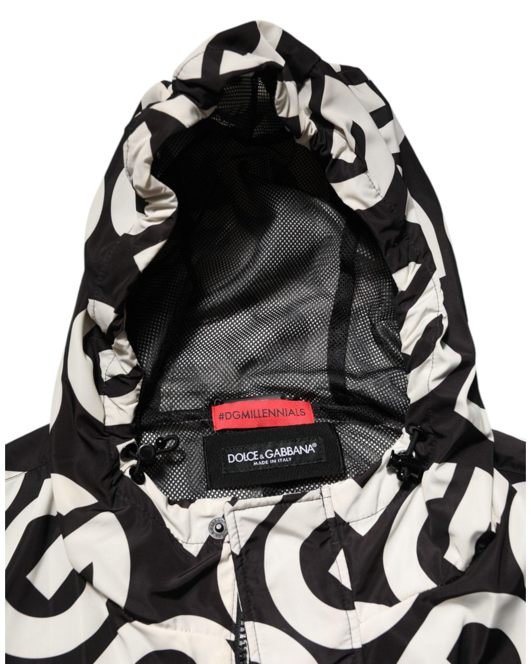 Dolce & Gabbana Black White Logo Print Hooded Coat Men Jacket for men
