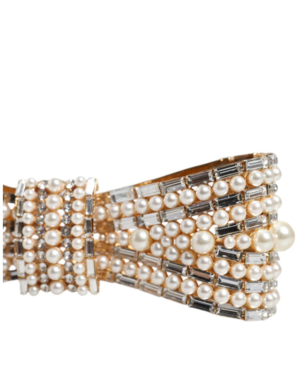 Dolce & Gabbana Natural Tone Brass Bow Crystal Fauxpearl Embellished Brooch
