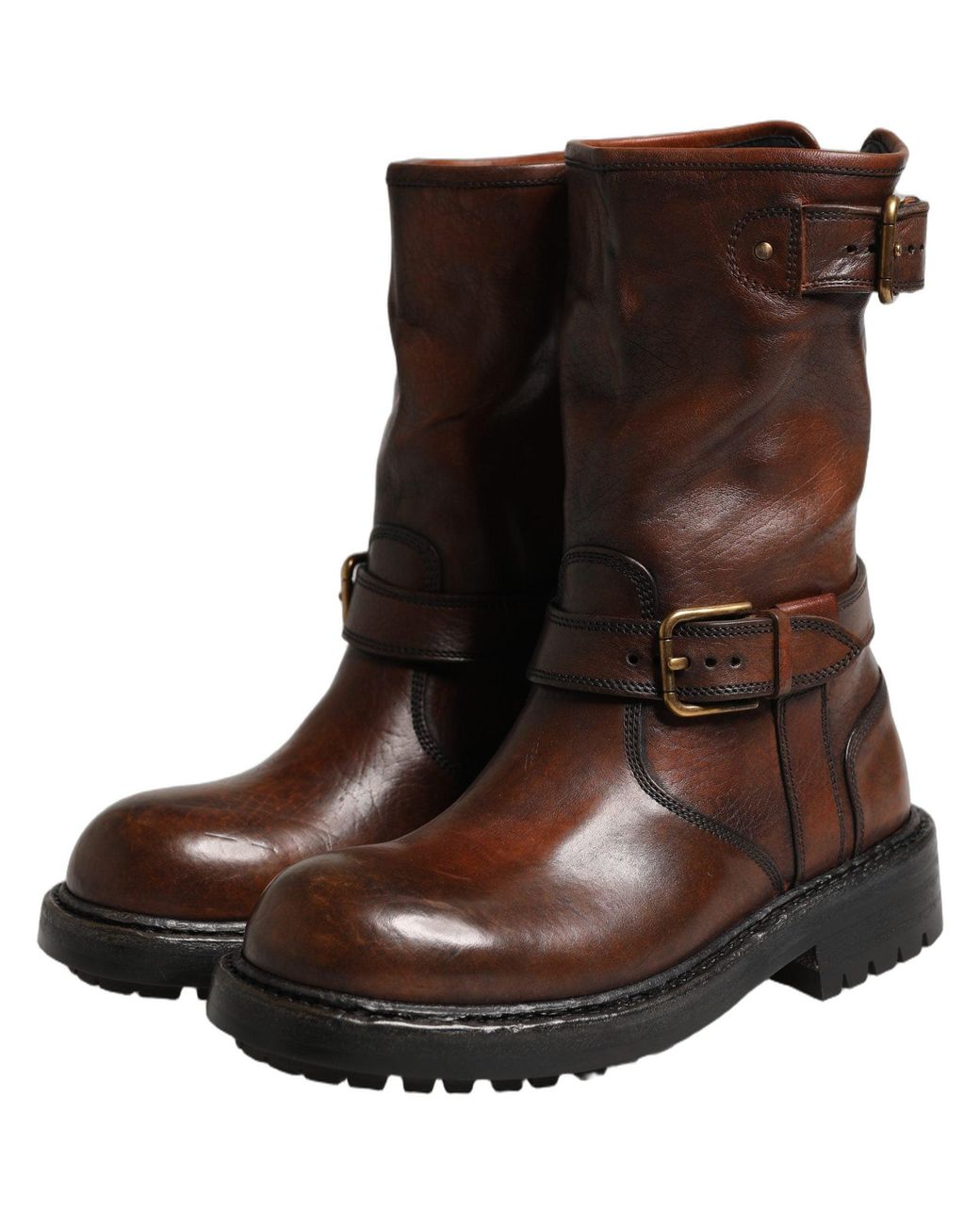 Dolce & Gabbana Brown Leather Mid Calf Biker Boots Shoes for men