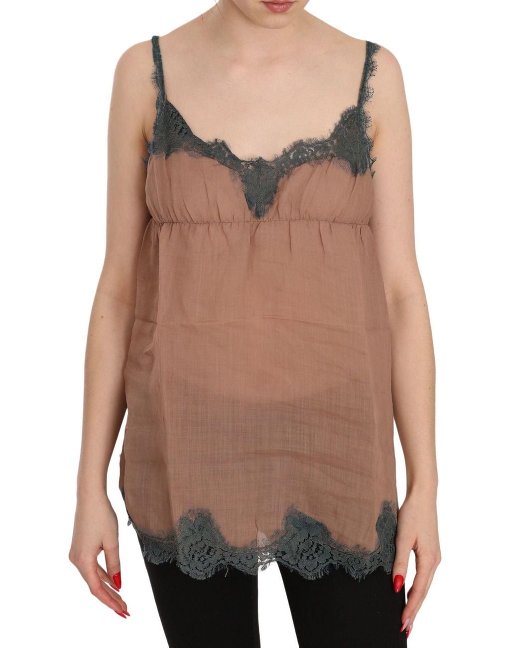 Pink Memories Brown Lace Spaghetti Strap Tank Top Blouse