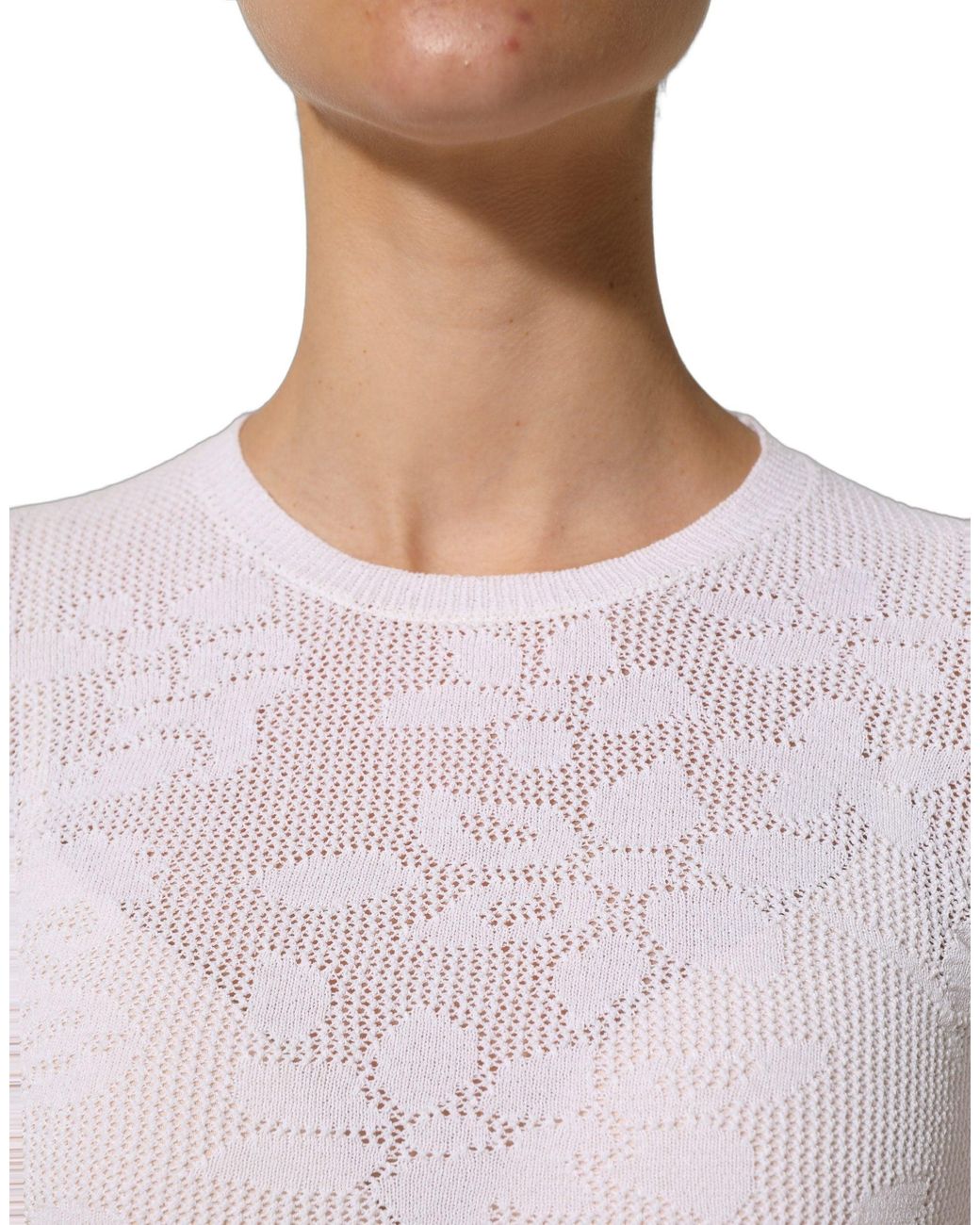 Alpha Studio White Floral Lace Knit Fabric Short Sleeves Blouse Top