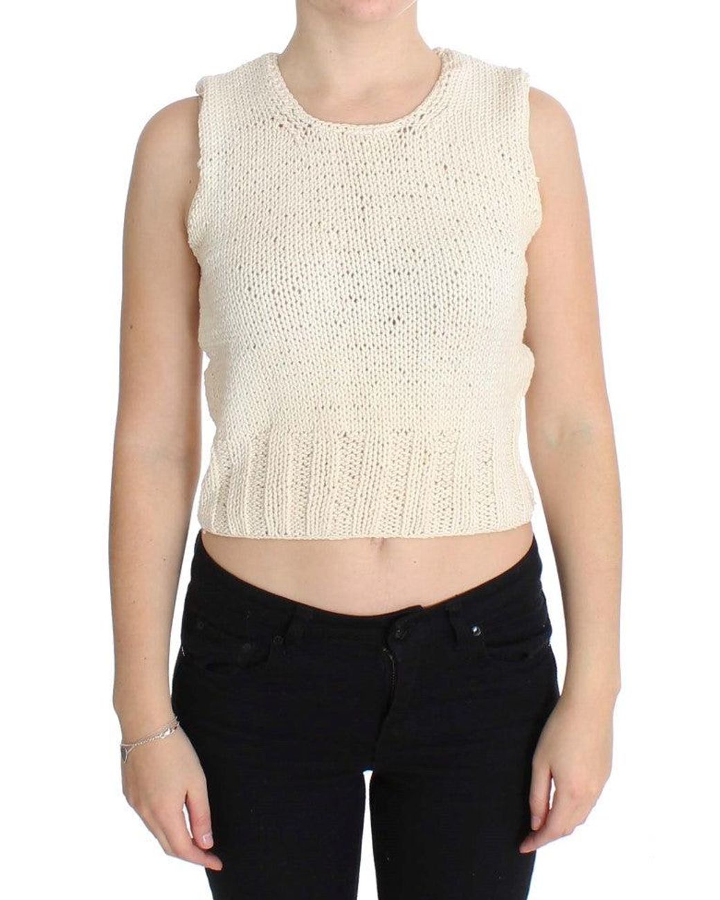 Pink Memories White Cotton Blend Knitted Sleeveless Sweater