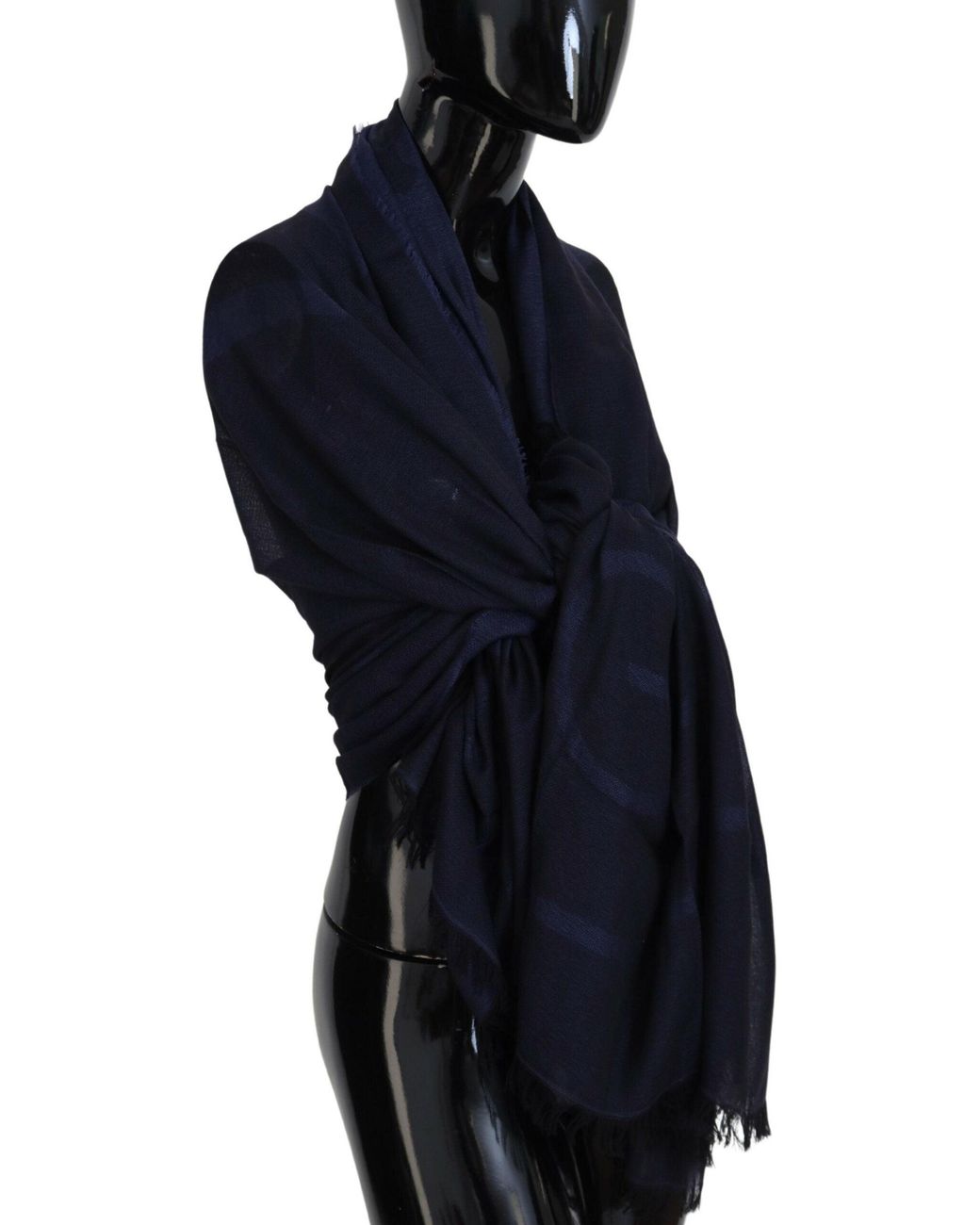 Gianfranco Ferré Black Dark Blue Wool Neck Wrap Shawl Fringes Scarf