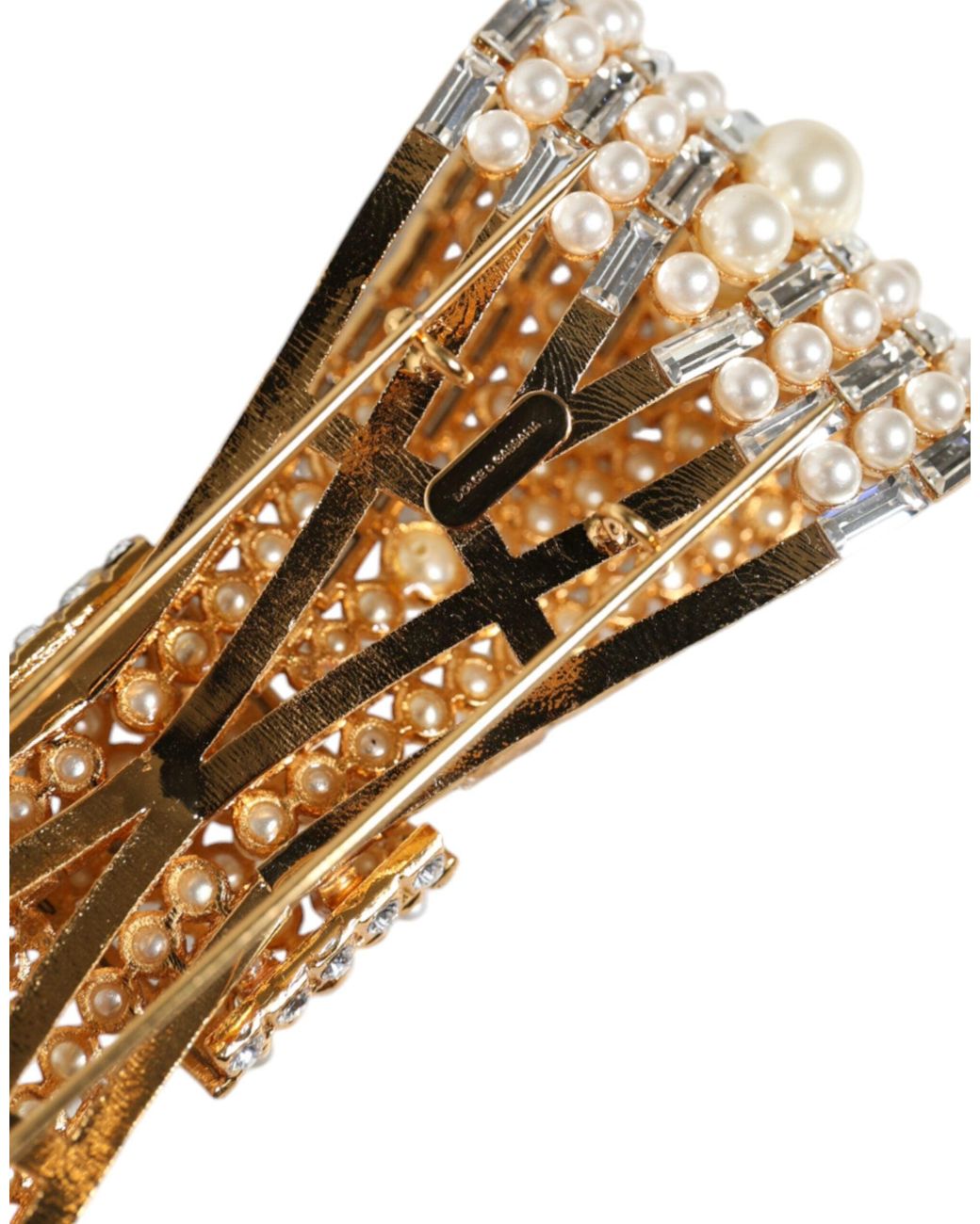 Dolce & Gabbana Natural Tone Brass Bow Crystal Fauxpearl Embellished Brooch