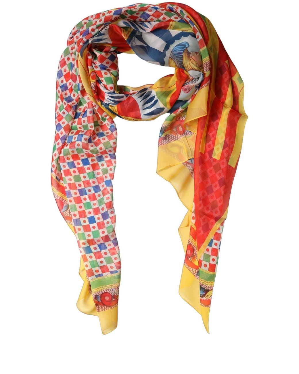 Dolce & Gabbana Orange Multicolor Silk Carretto Print Stole Scarf