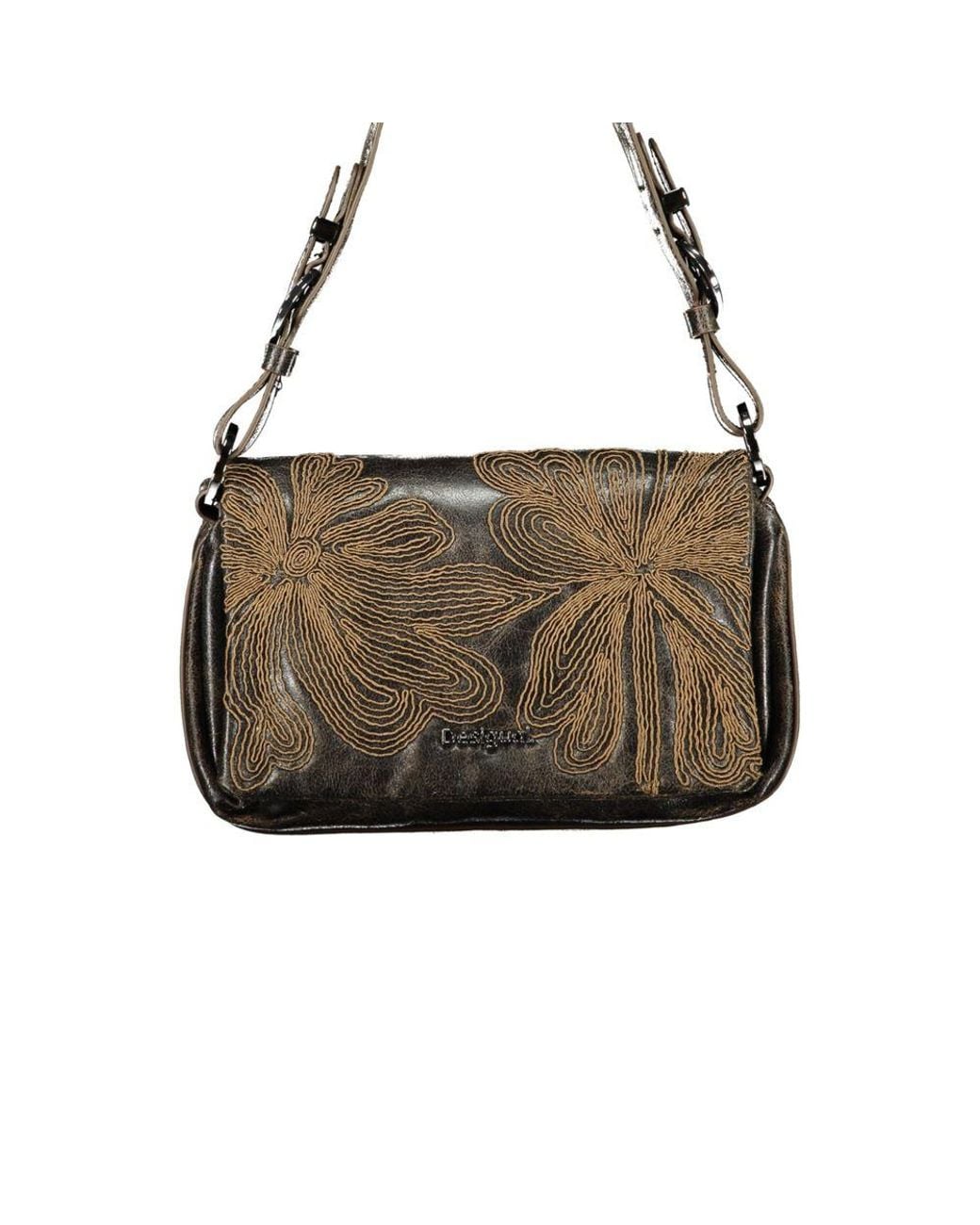 Desigual Black Brown Polyurethane 's Bag With Embroidery And Magnet Closure
