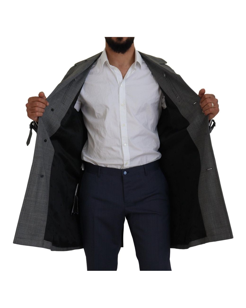 Dolce & Gabbana Black Elegant Plaid Trench Coat for men
