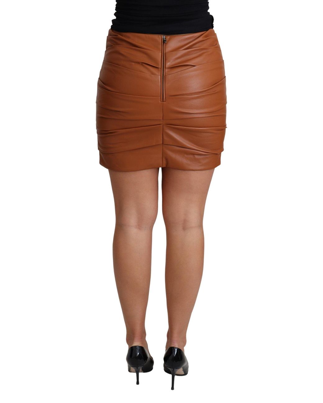 Dolce & Gabbana Brown Lambskin High Waist Mini Pleated Skirt