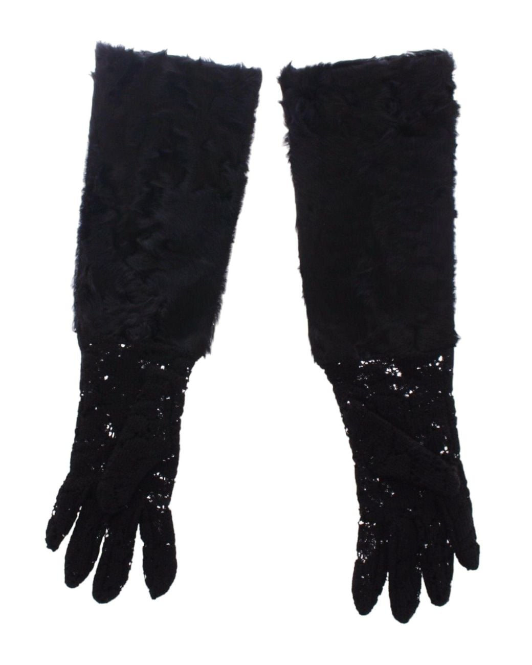 Dolce & Gabbana Black Wool Lace & Lamb Fur Elbow Gloves