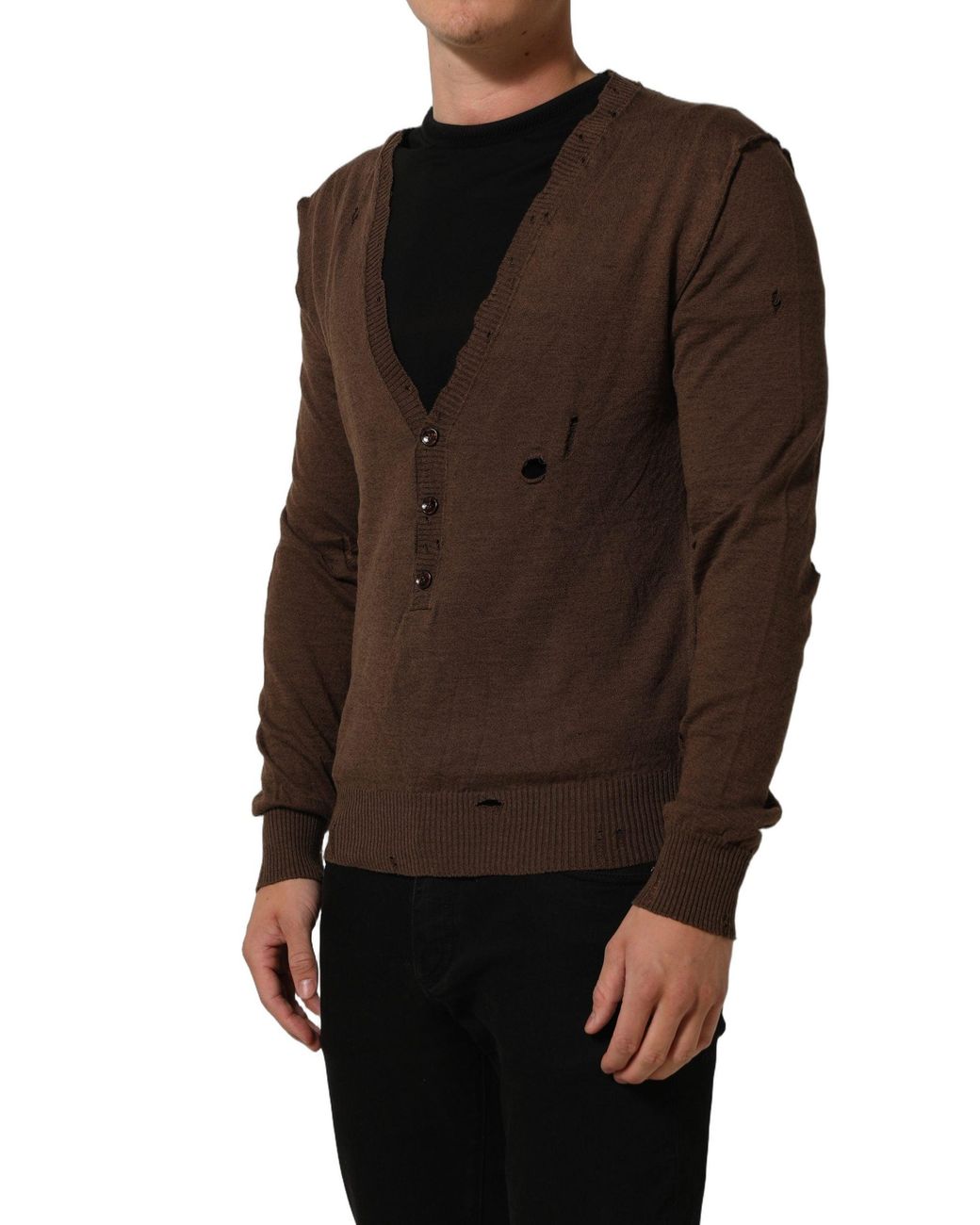 Dolce & Gabbana Brown Flax Buttoned V-Neck Pullover Sweater Cotton Clothing for men